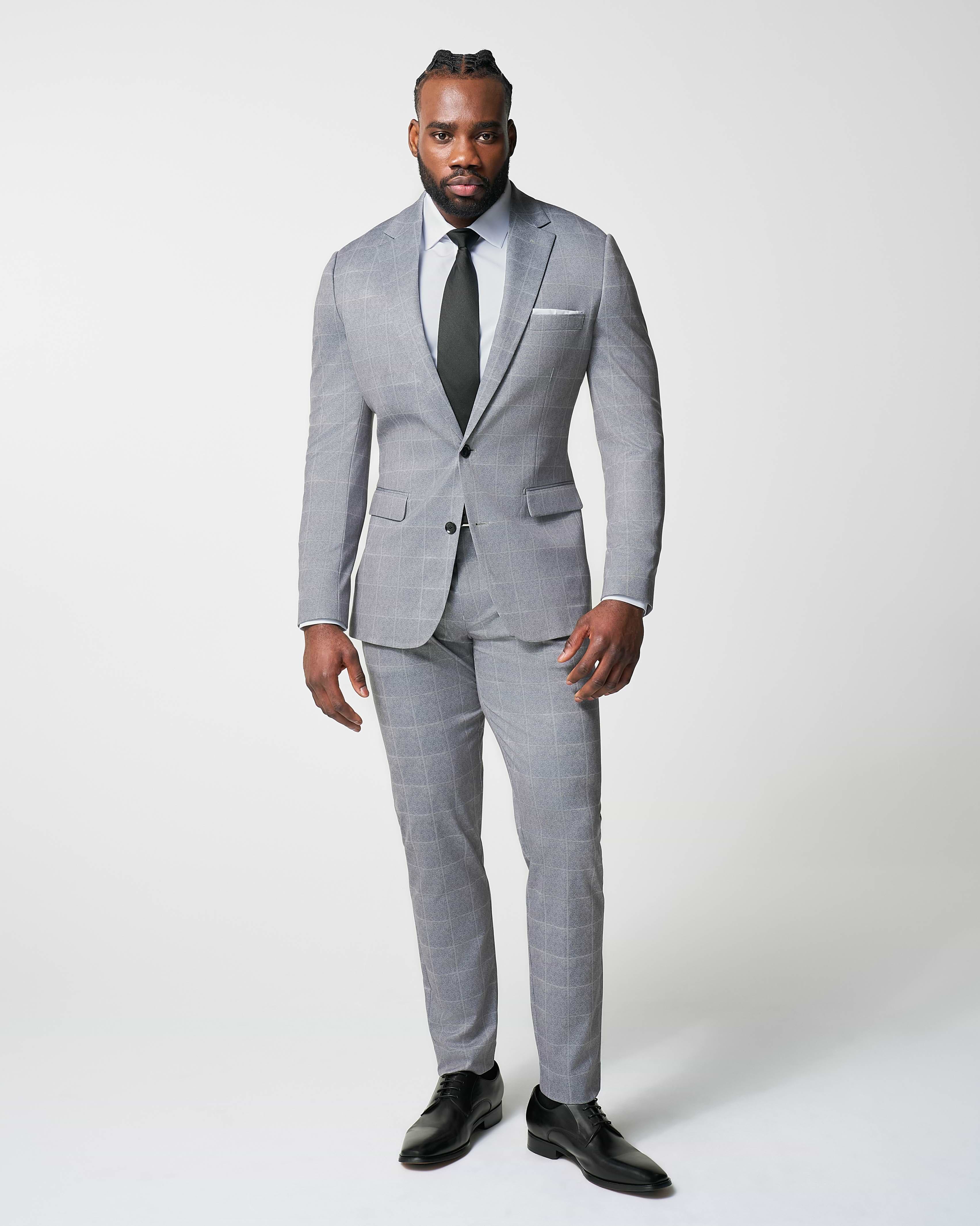 Athletic Fit Stretch Suit - Light Grey & White Windowpane