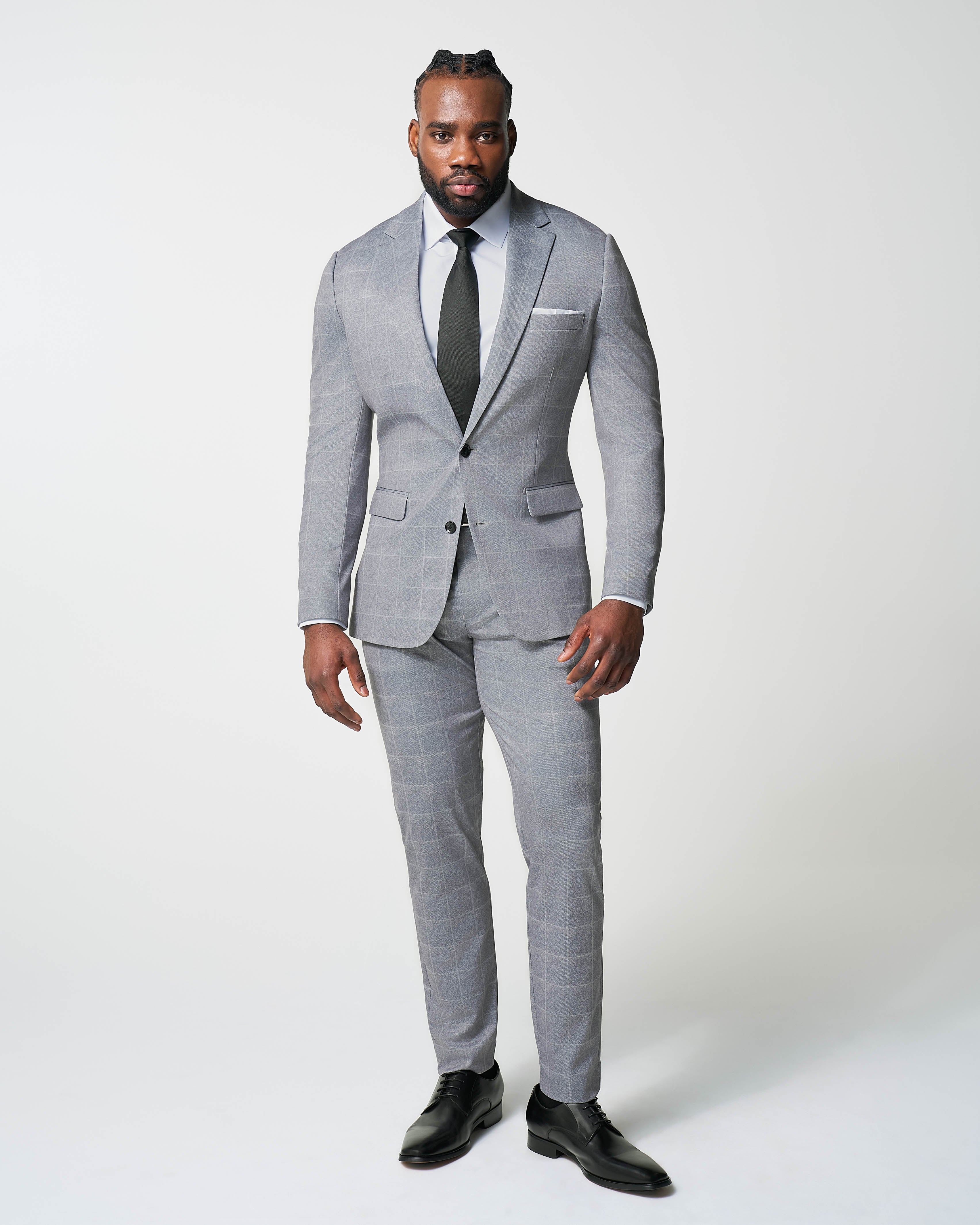 Athletic Fit Stretch Suit - Light Grey & White Windowpane