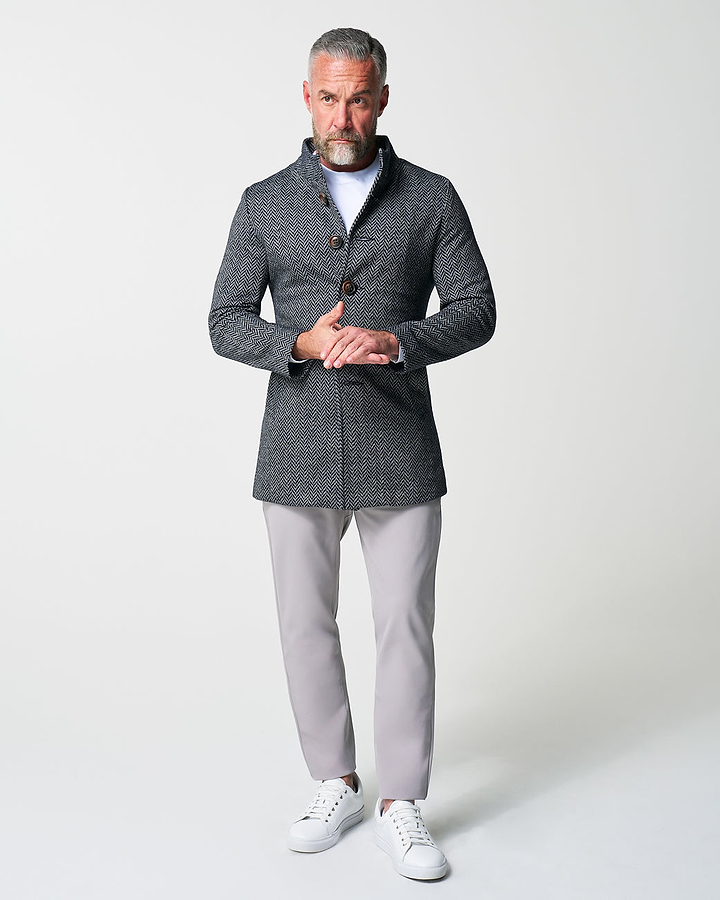 Open Button Overcoat - Navy & Grey Chevron