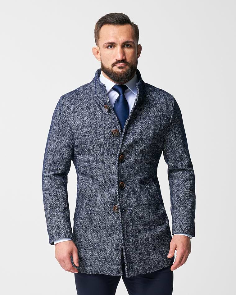 Open Button Overcoat - Navy Herringbone