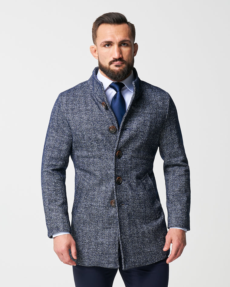 Open Button Overcoat - Navy Herringbone