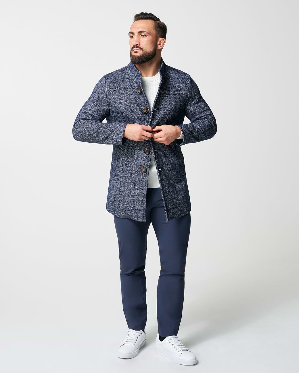 Open Button Overcoat - Navy Herringbone