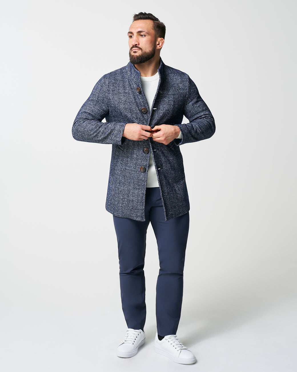 Open Button Overcoat - Navy Herringbone