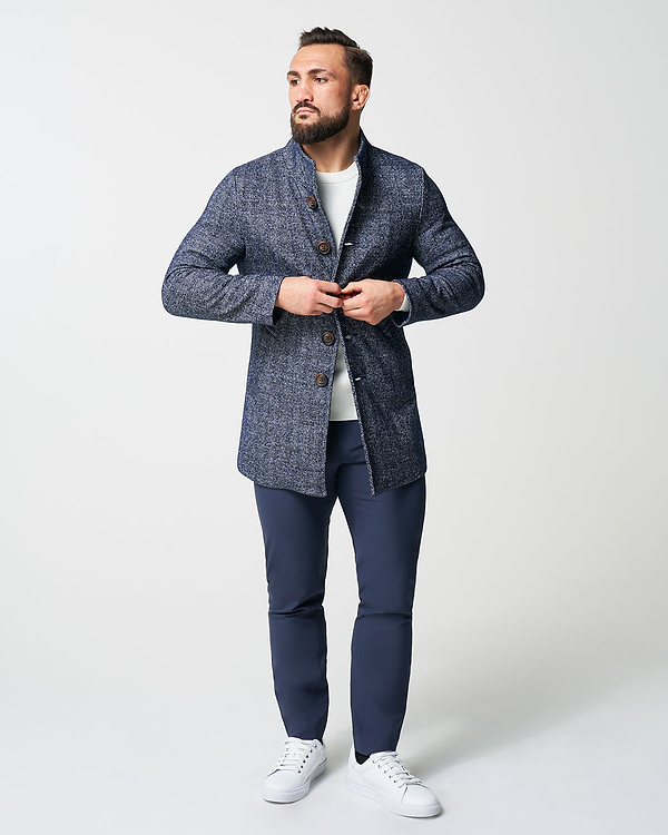 Open Button Overcoat - Navy Herringbone