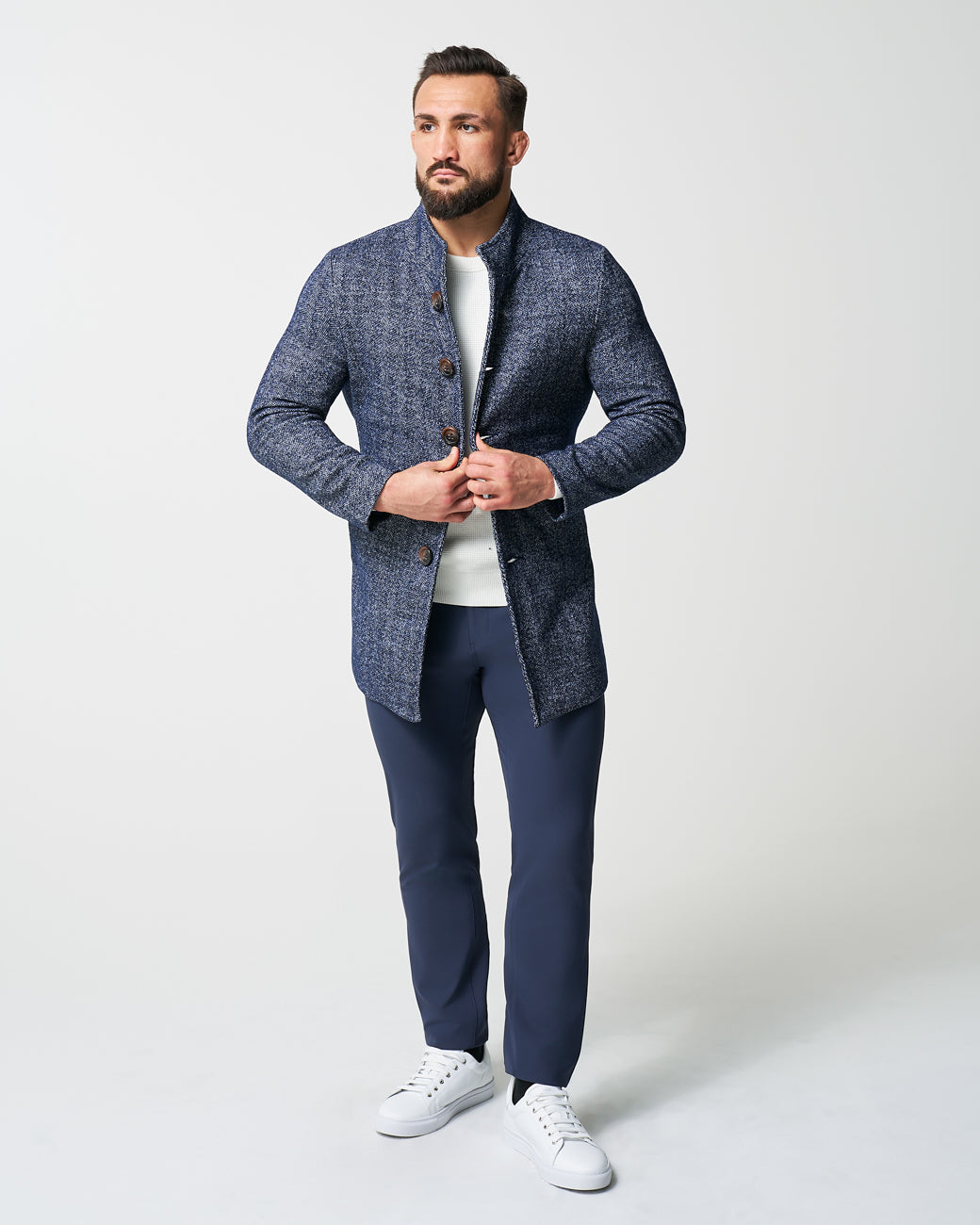 Open Button Overcoat - Navy Herringbone