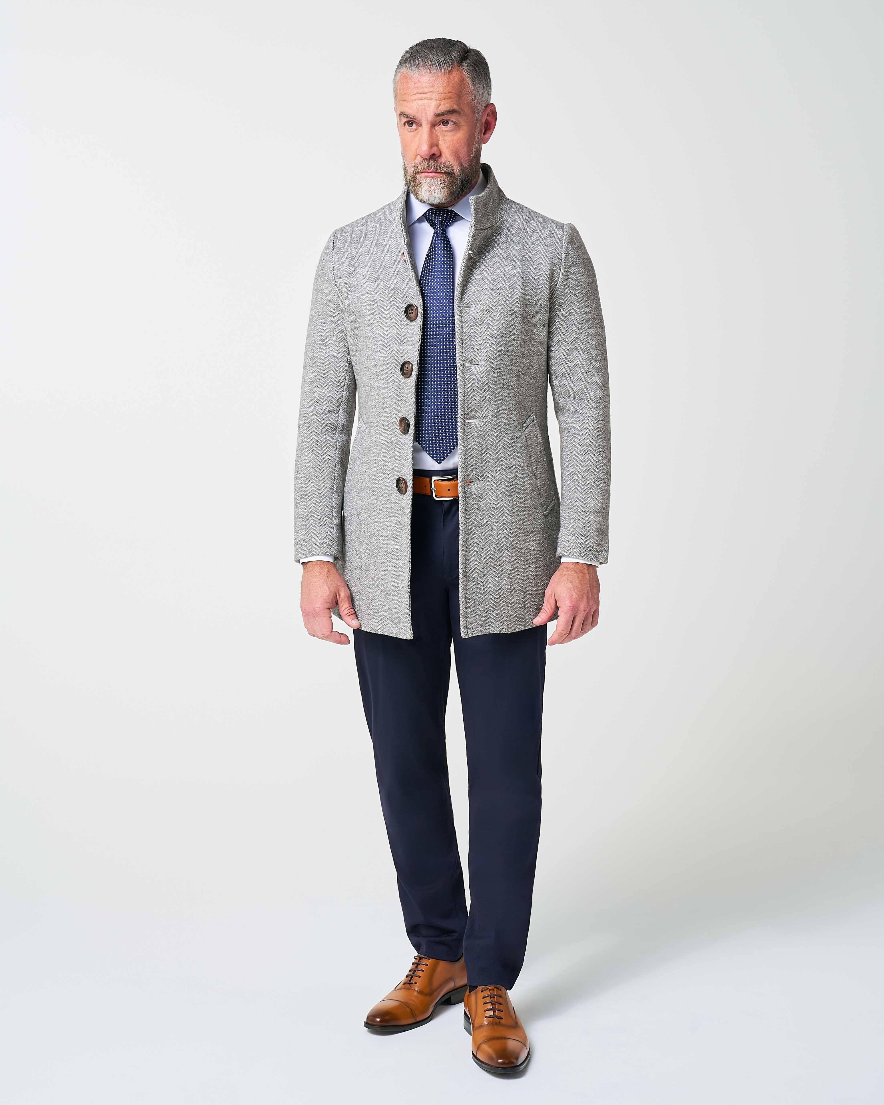 Open Button Overcoat - Grey Herringbone
