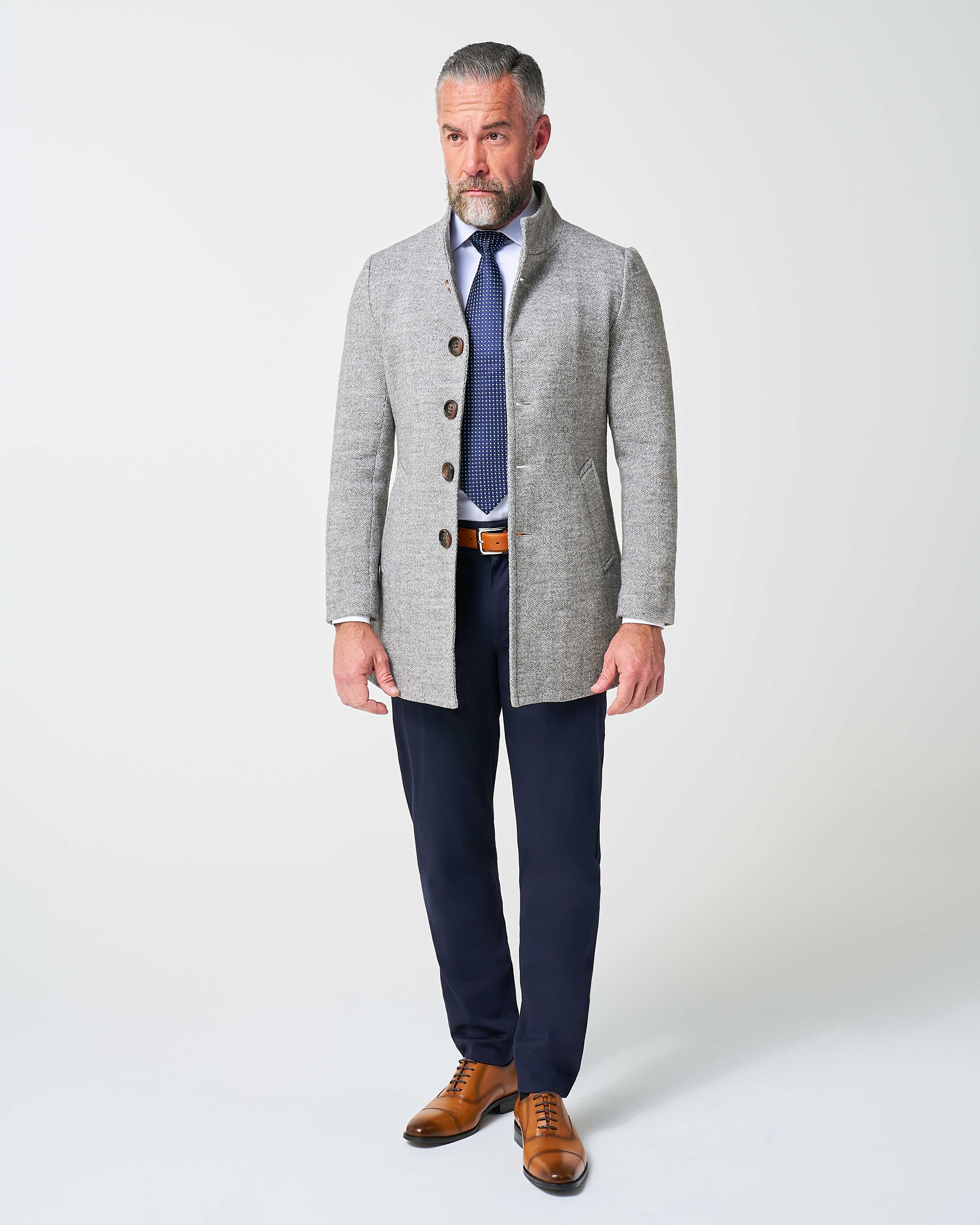 Open Button Overcoat - Grey Herringbone