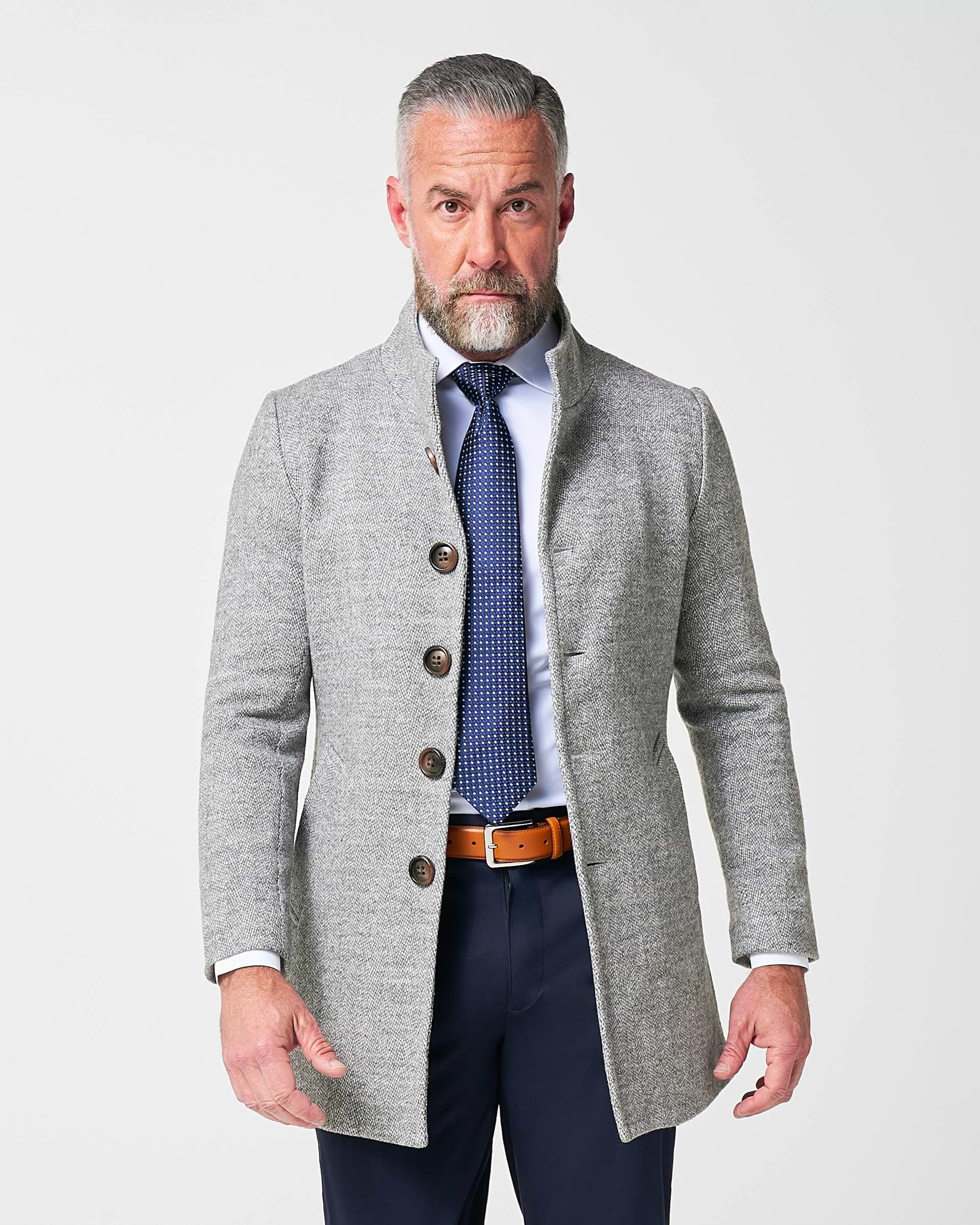Open Button Overcoat - Grey Herringbone