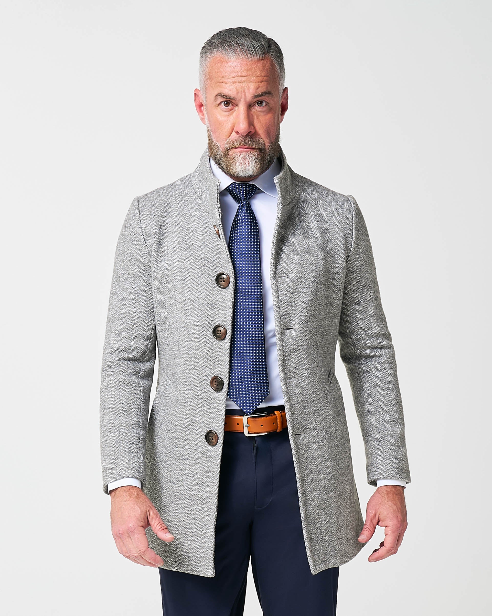 Open Button Overcoat - Grey Herringbone