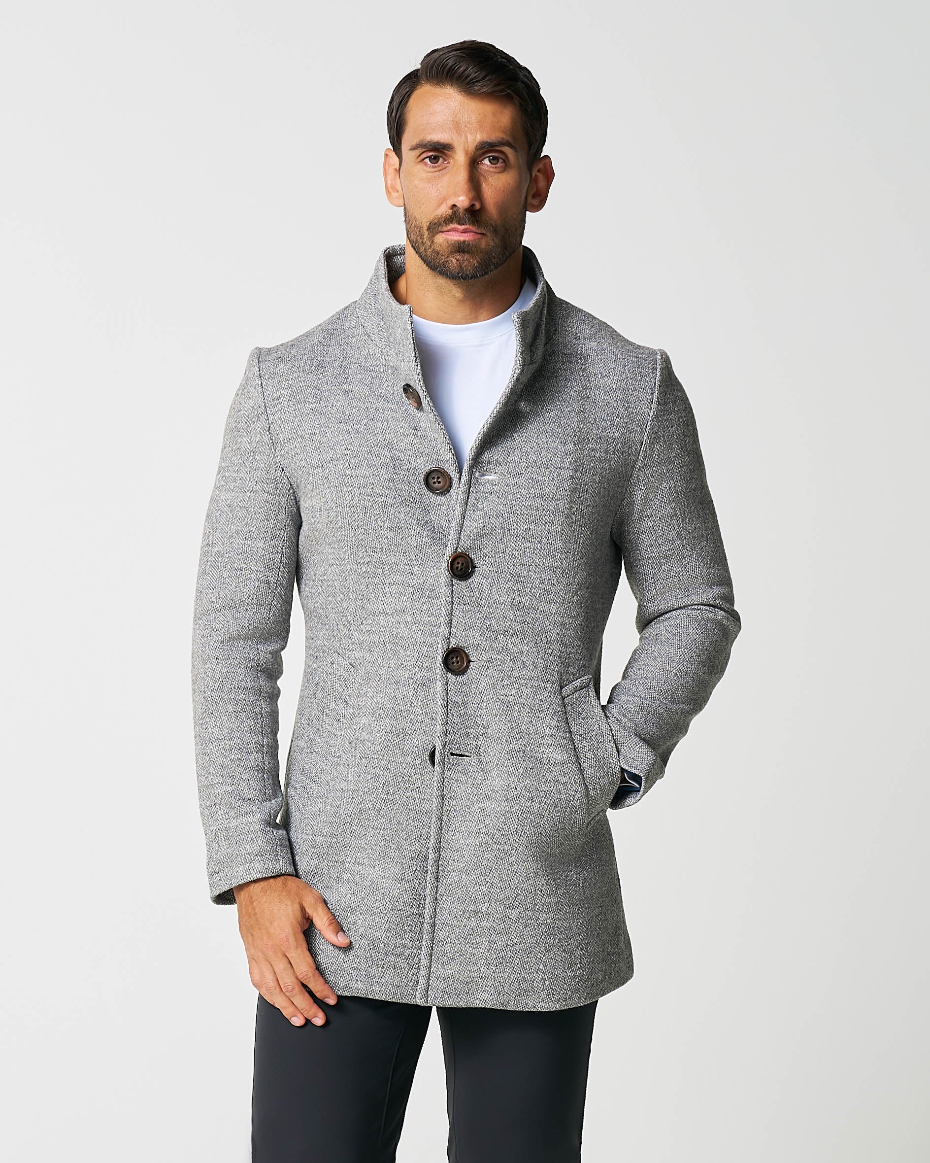 Open Button Overcoat - Grey Herringbone