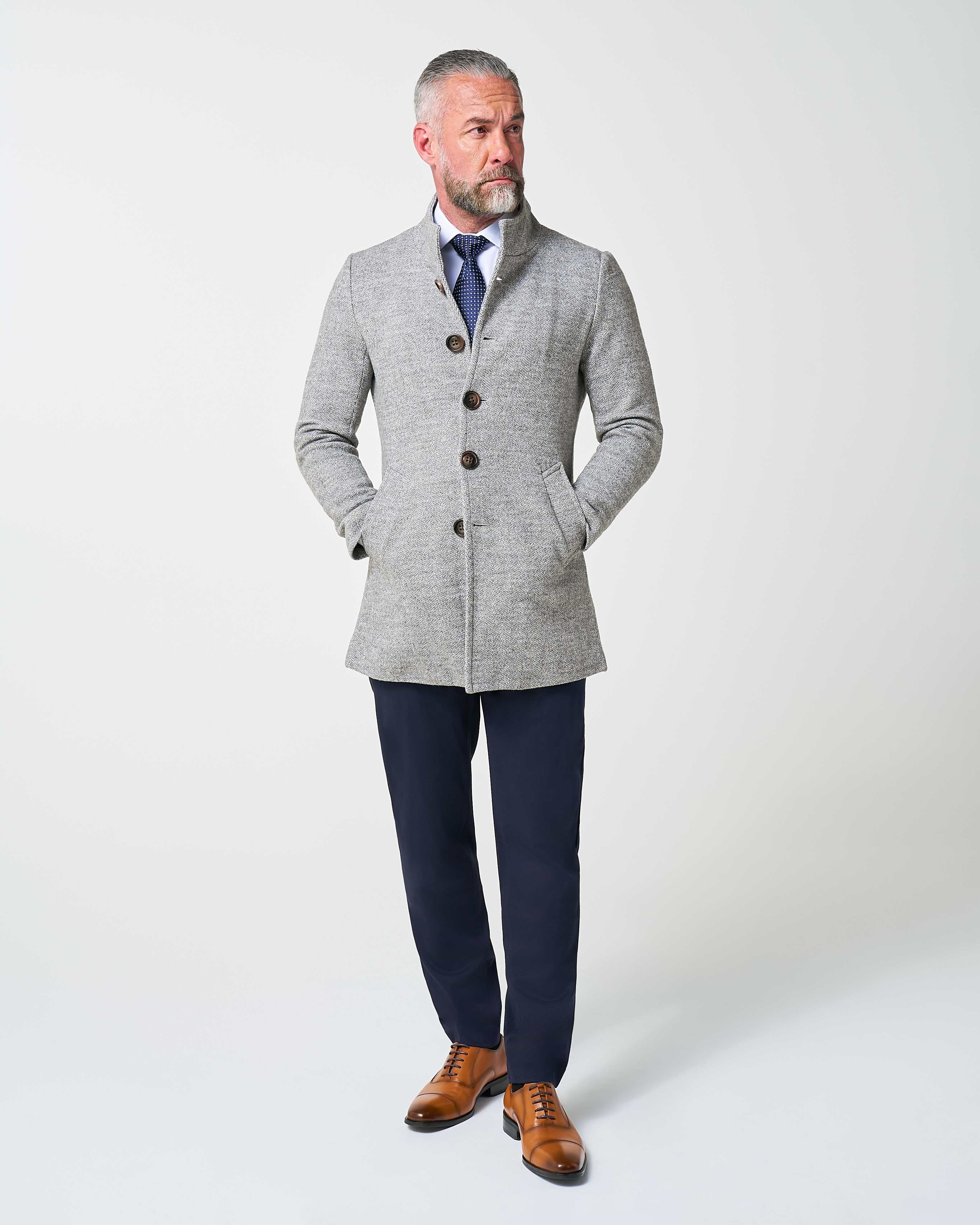 Open Button Overcoat - Grey Herringbone