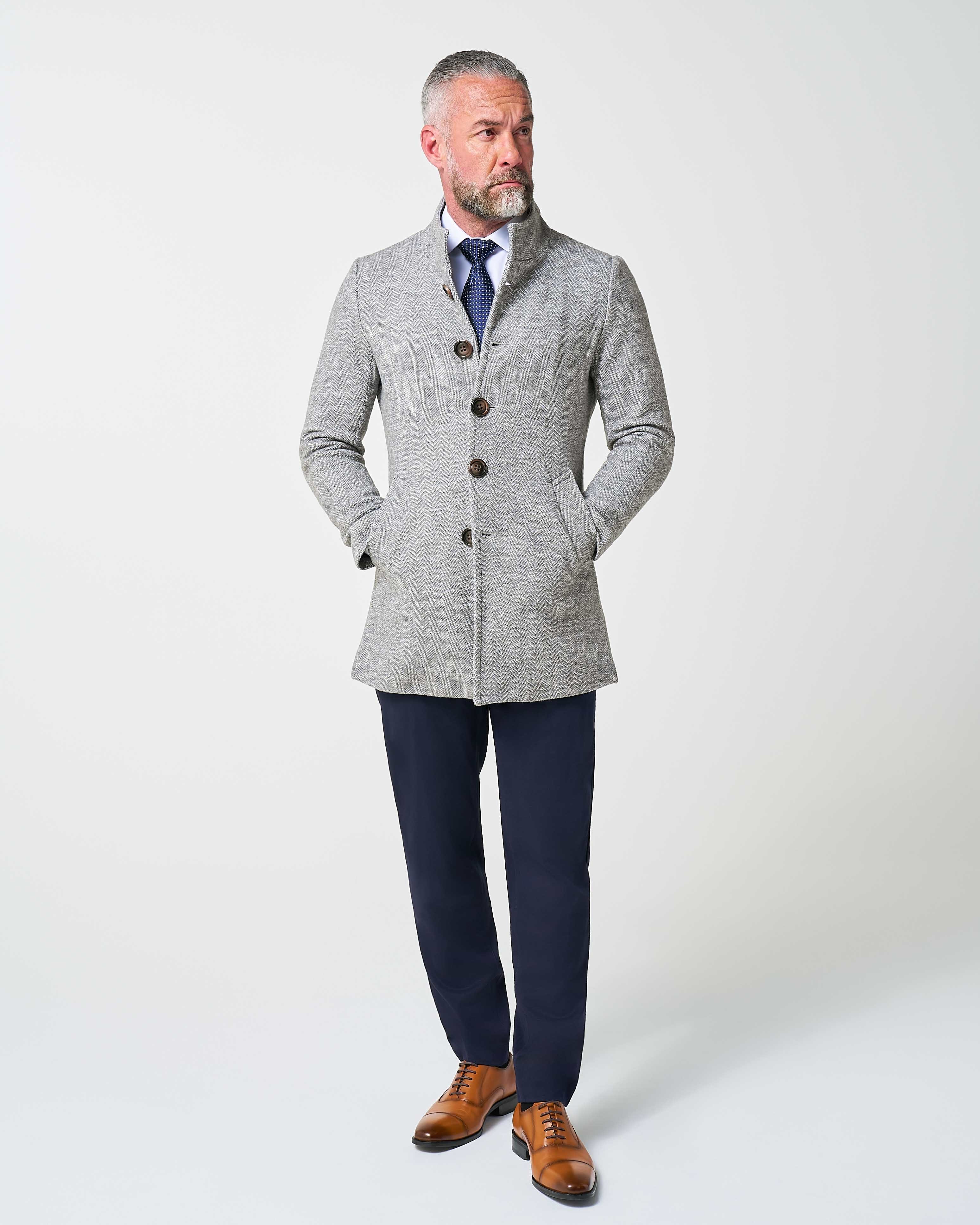 Open Button Overcoat - Grey Herringbone