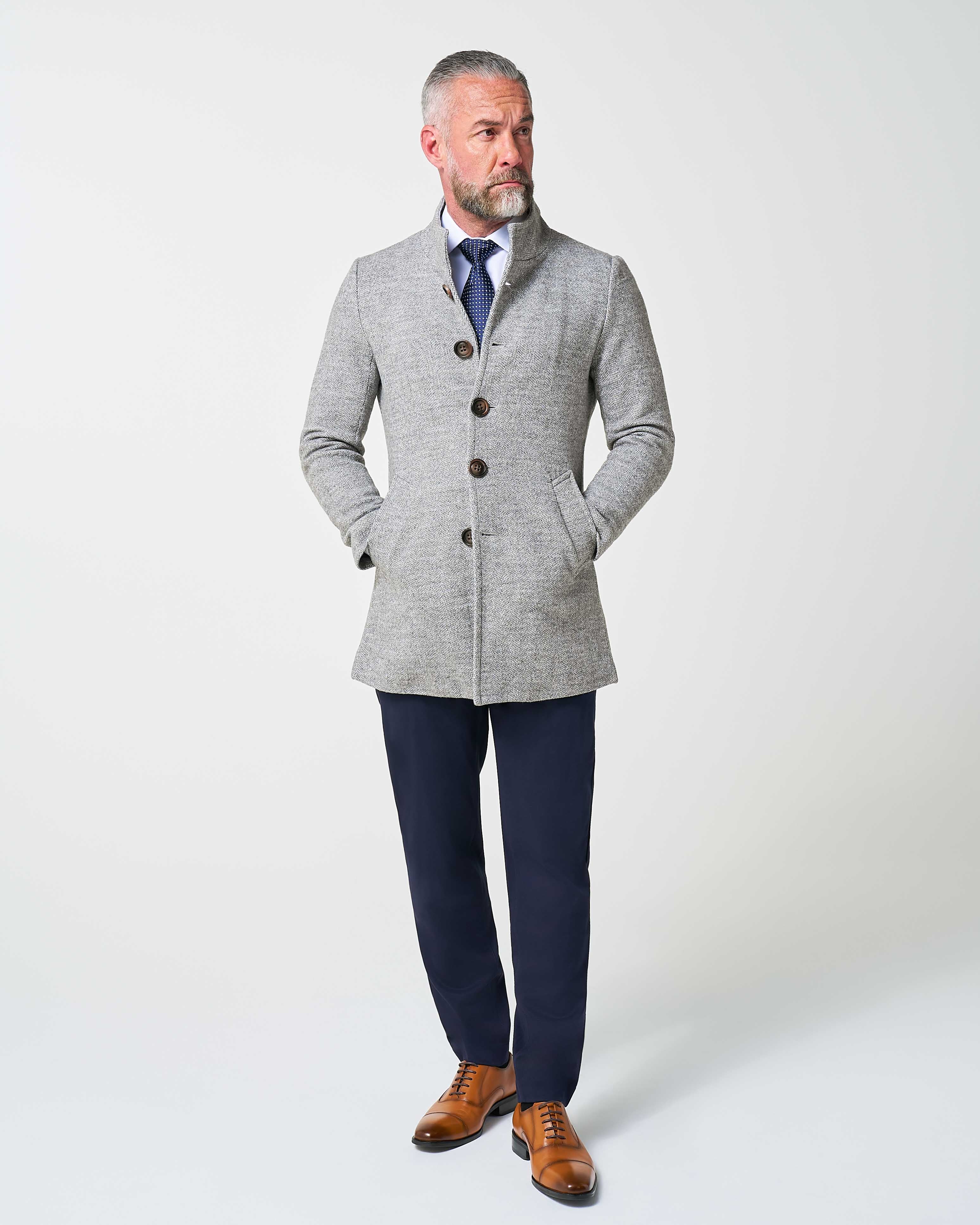 Open Button Overcoat - Grey Herringbone