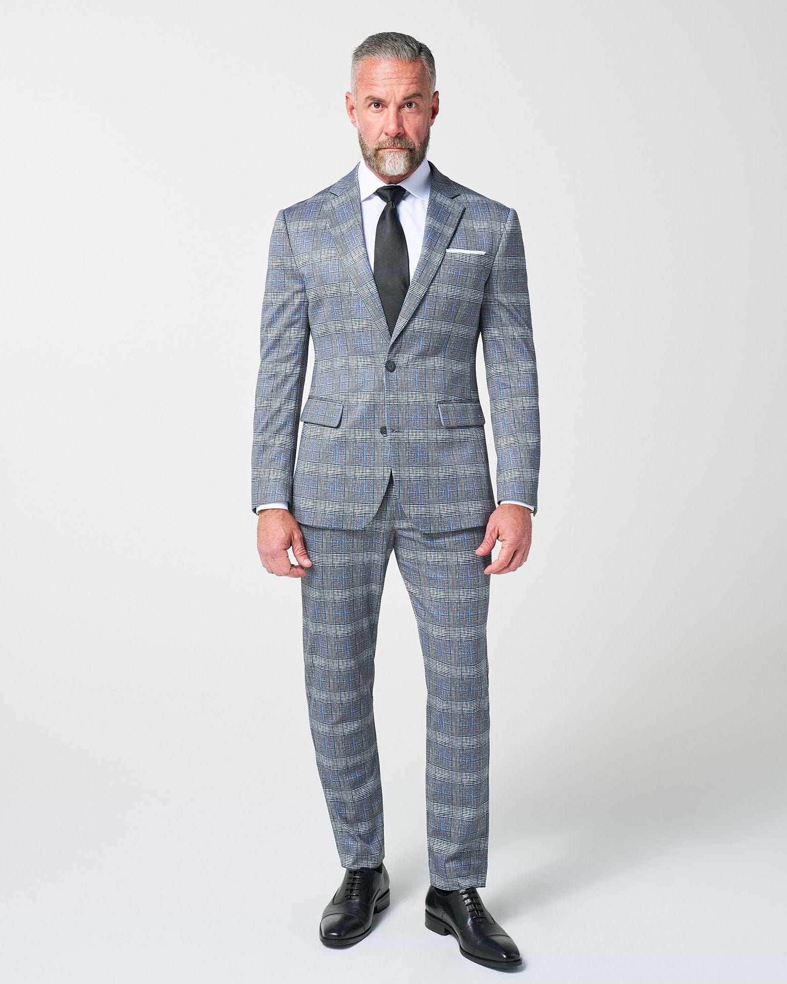 Athletic Fit Stretch Blazer - Grey with Blue Plaid
