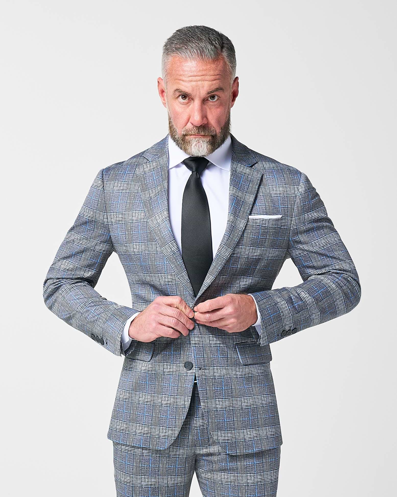 Athletic Fit Stretch Blazer - Grey with Blue Plaid