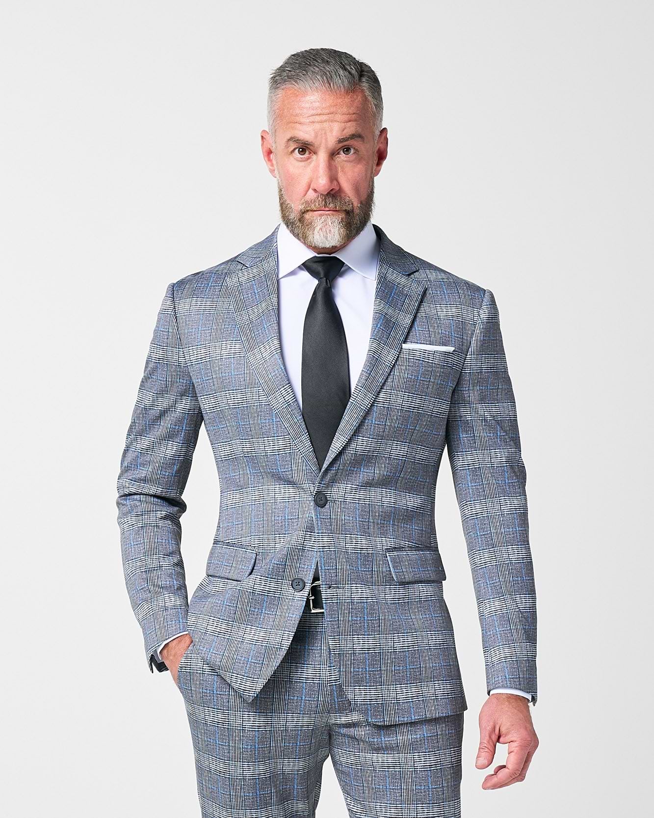 Athletic Fit Stretch Blazer - Grey with Blue Plaid
