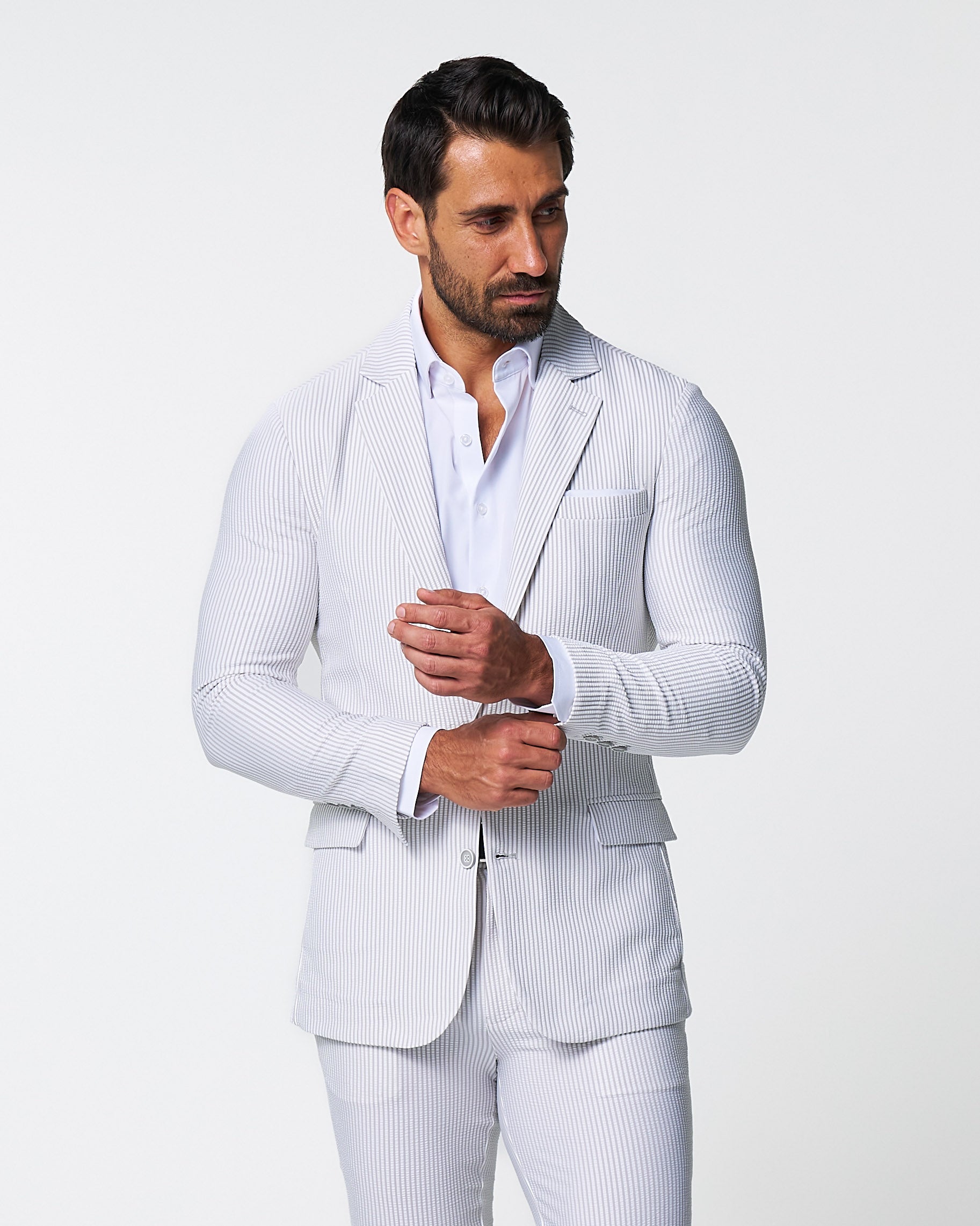 Athletic Fit Stretch Blazer - Grey & White Seersucker