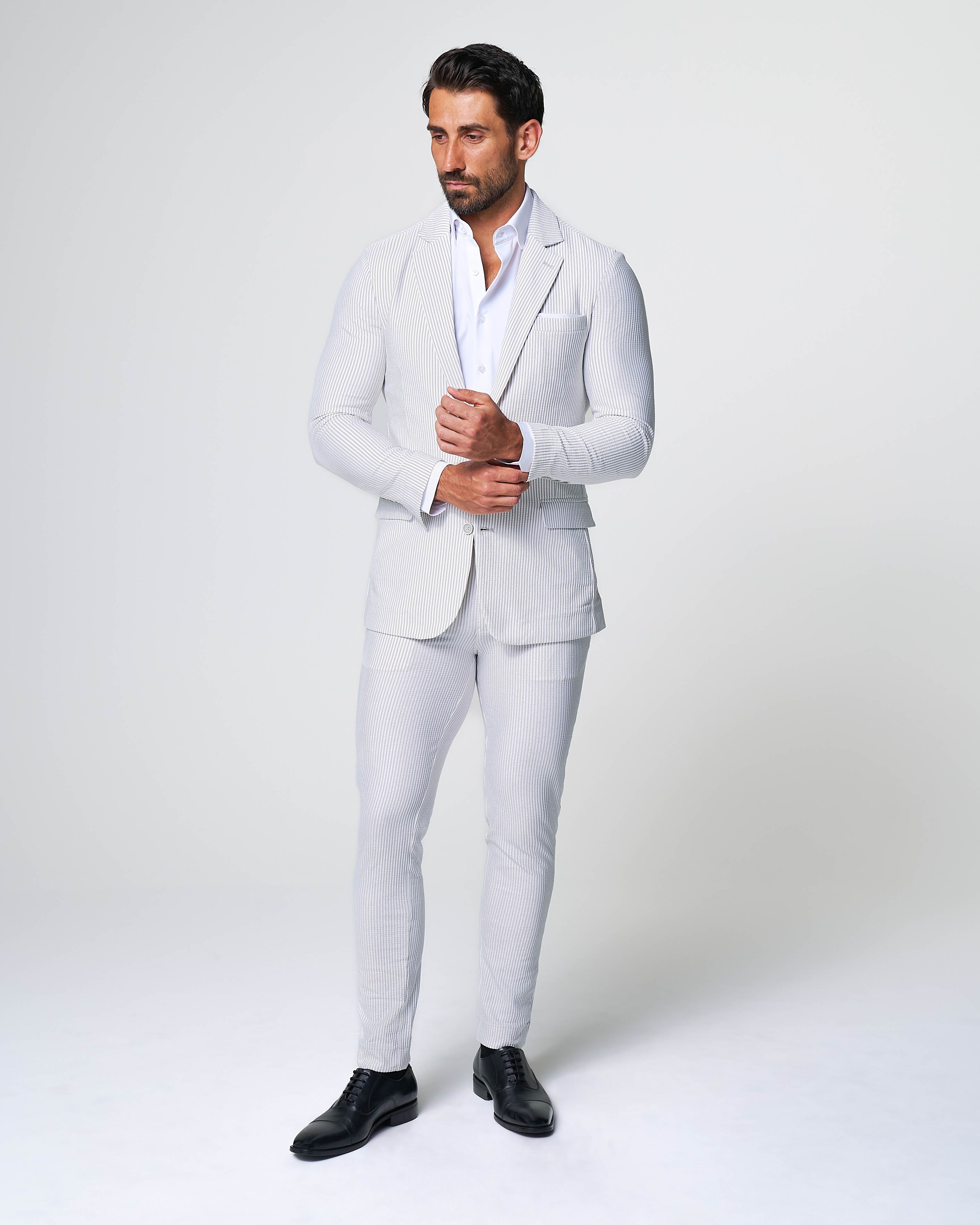 Athletic Fit Stretch Blazer - Grey & White Seersucker