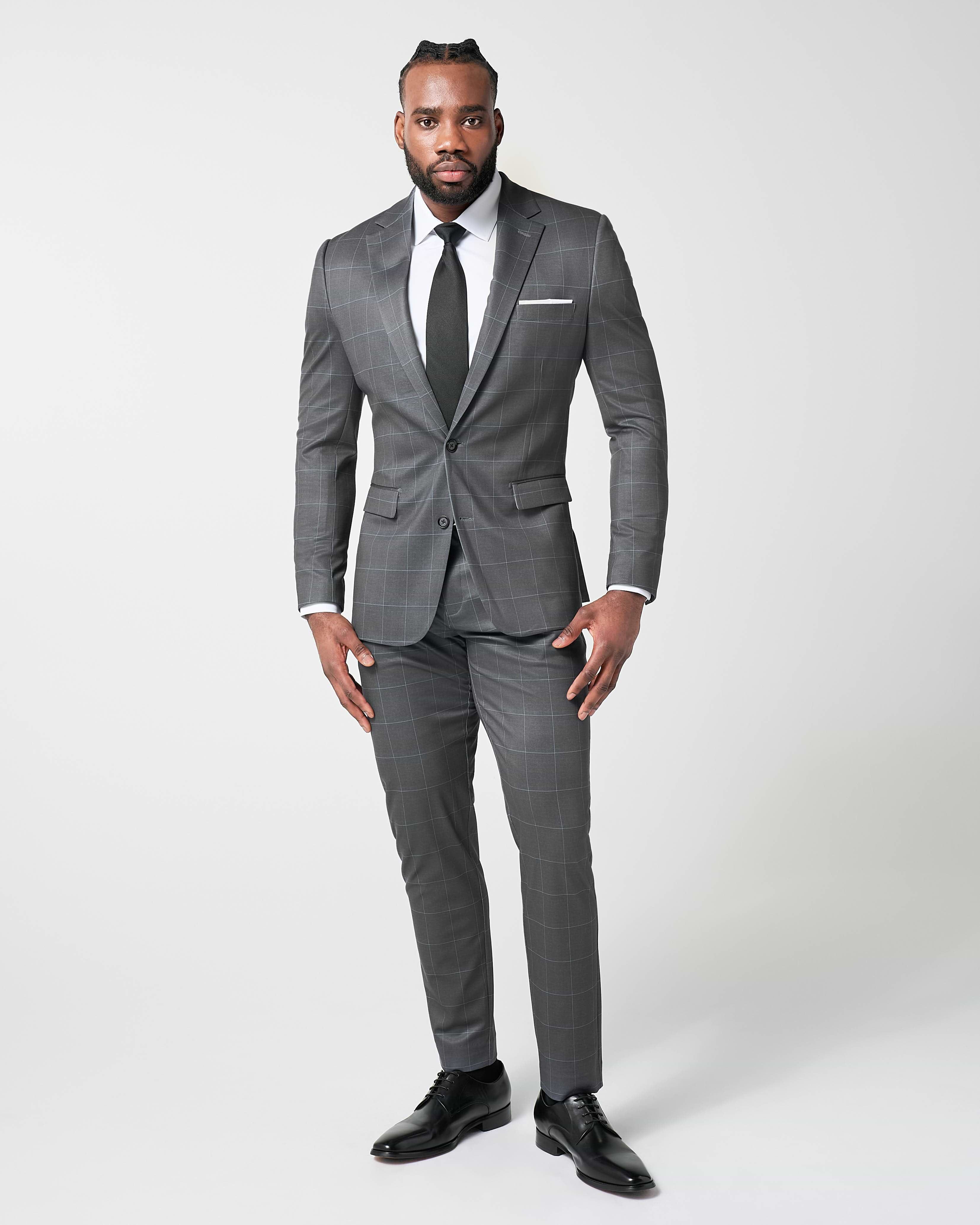 Athletic Fit Stretch Blazer - Grey and White Big Windowpane