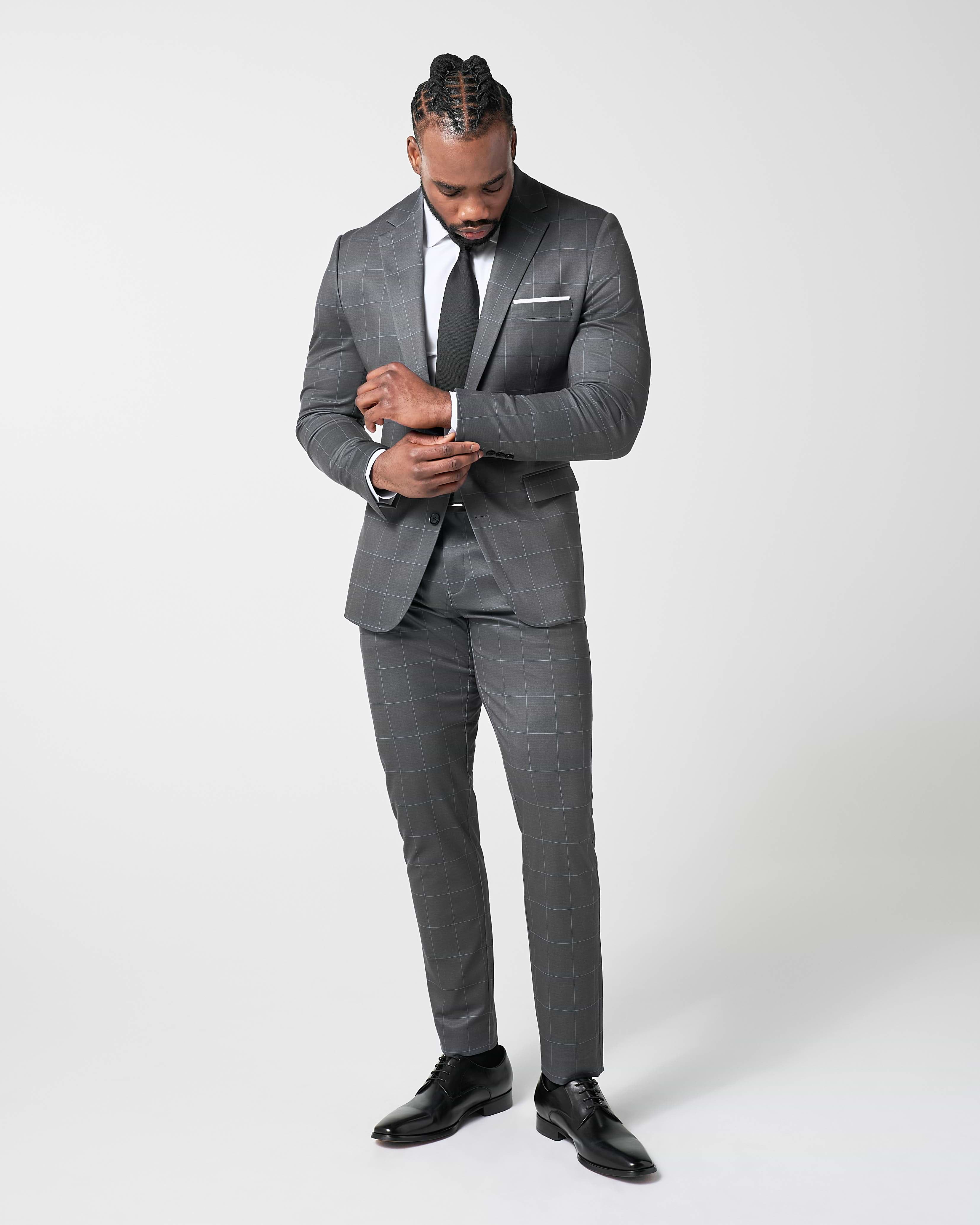 Athletic Fit Stretch Blazer - Grey and White Big Windowpane