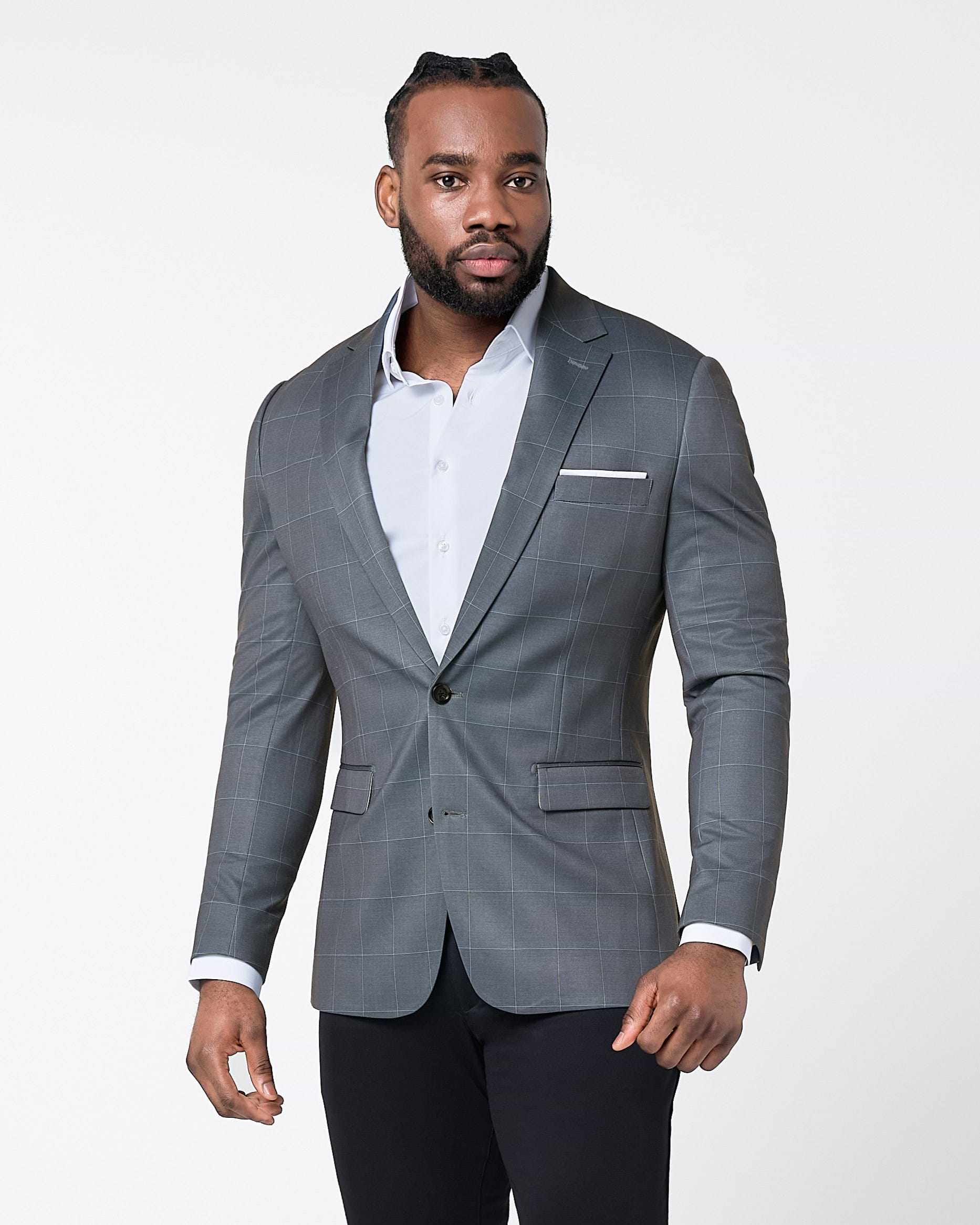 Athletic Fit Stretch Blazer - Grey and White Big Windowpane