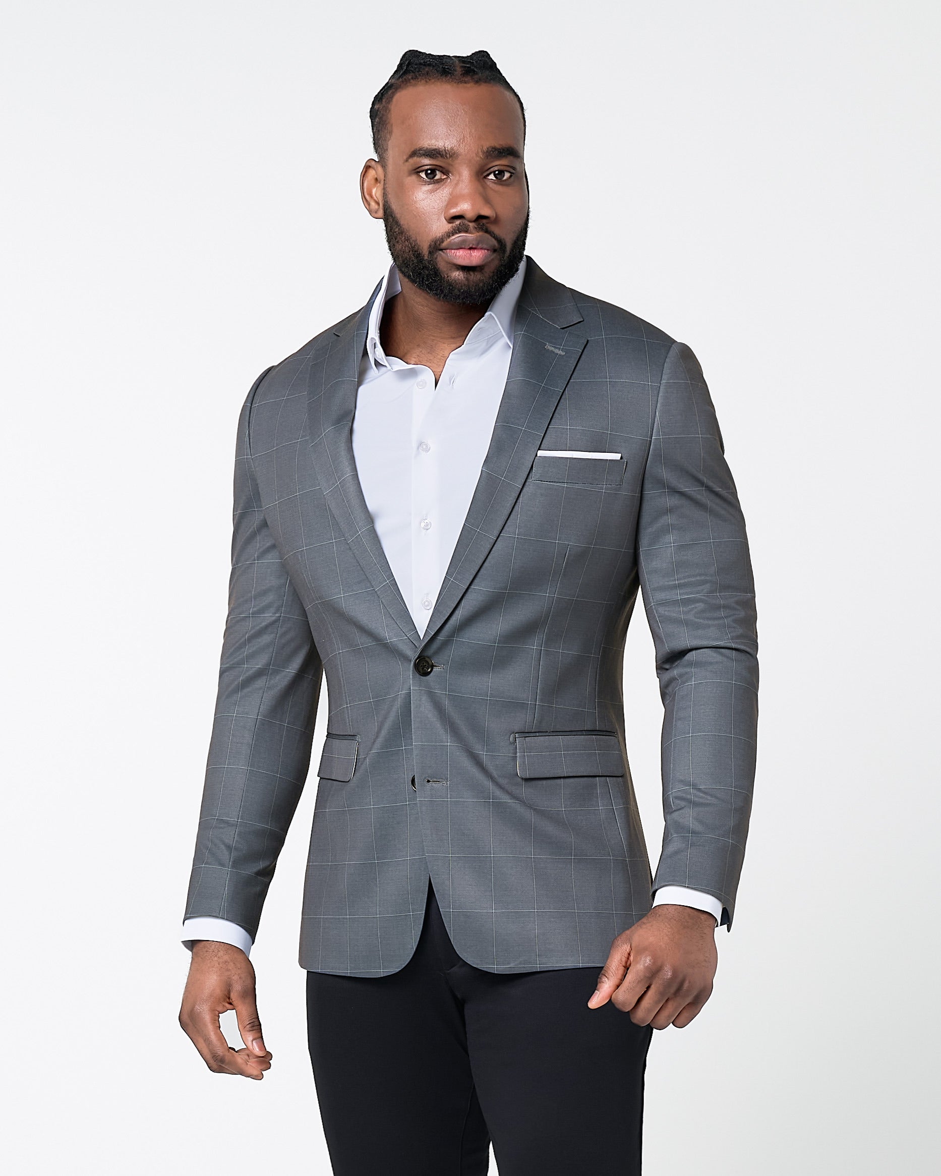Athletic Fit Stretch Blazer - Grey and White Big Windowpane