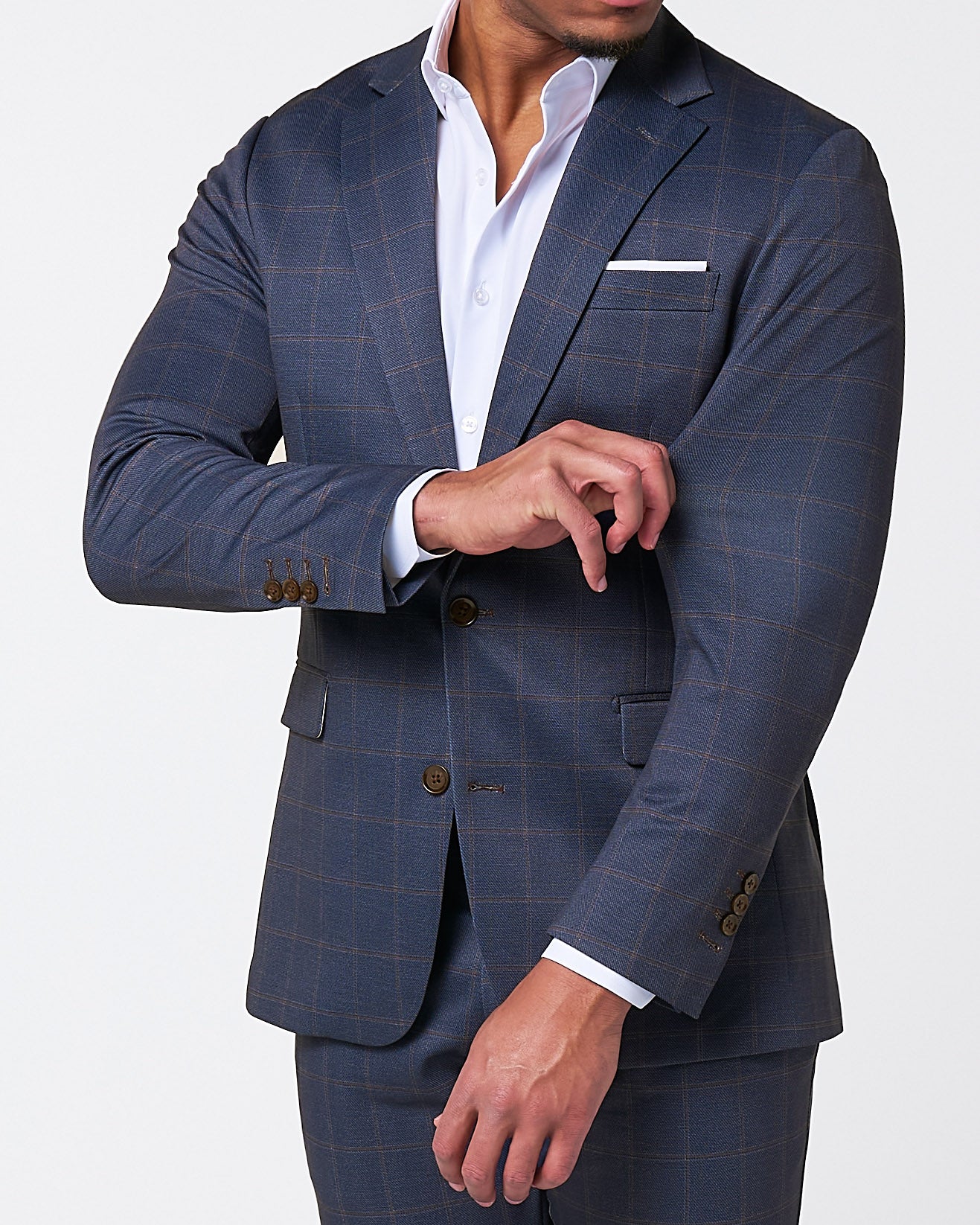 Athletic Fit Stretch Blazer - Navy & Brown Windowpane