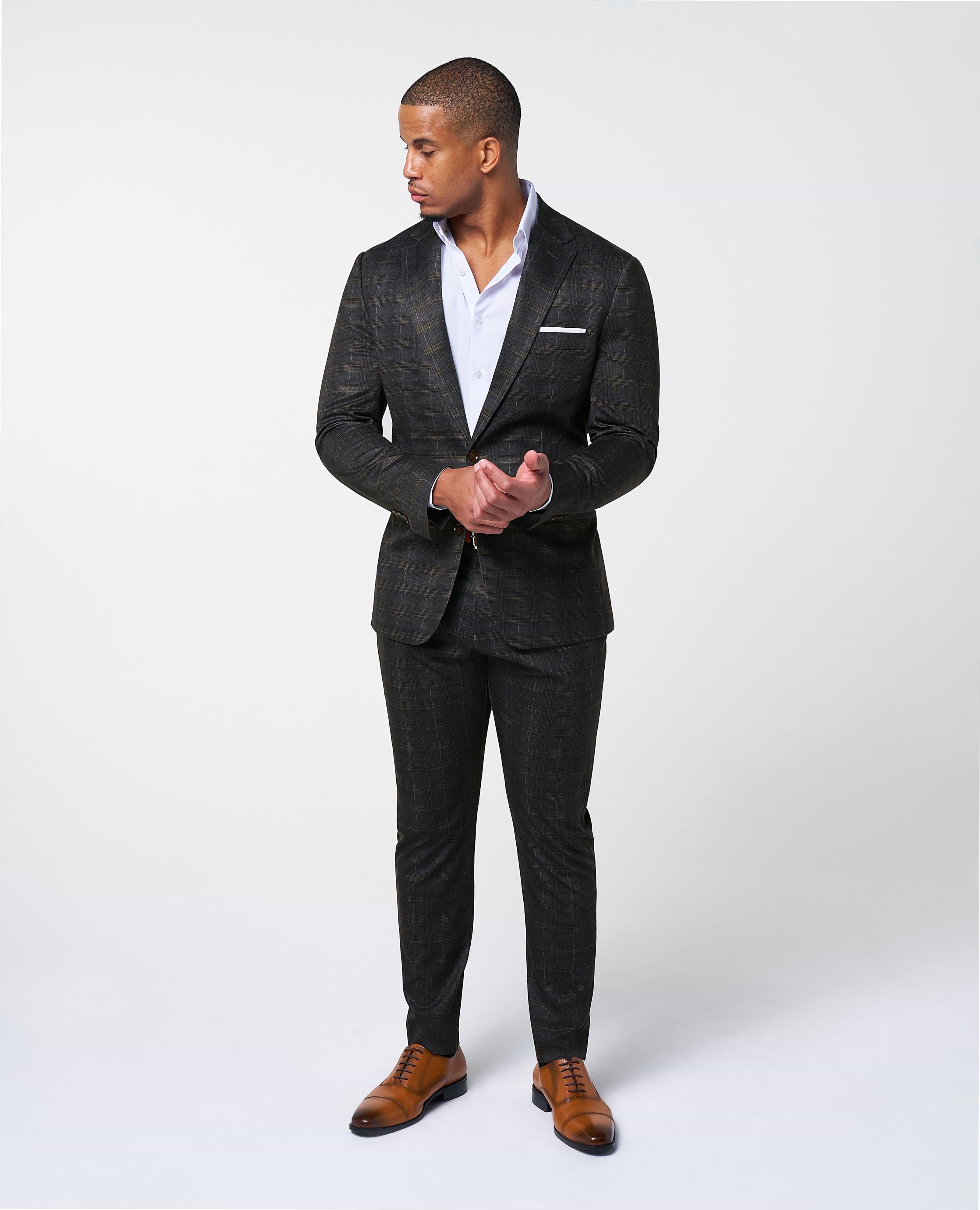 Athletic Fit Stretch Suit Pants - Brown Plaid