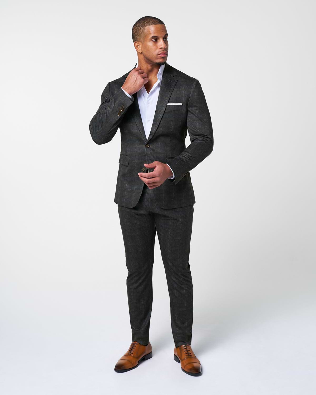 Athletic Fit Stretch Suit Pants - Brown Plaid