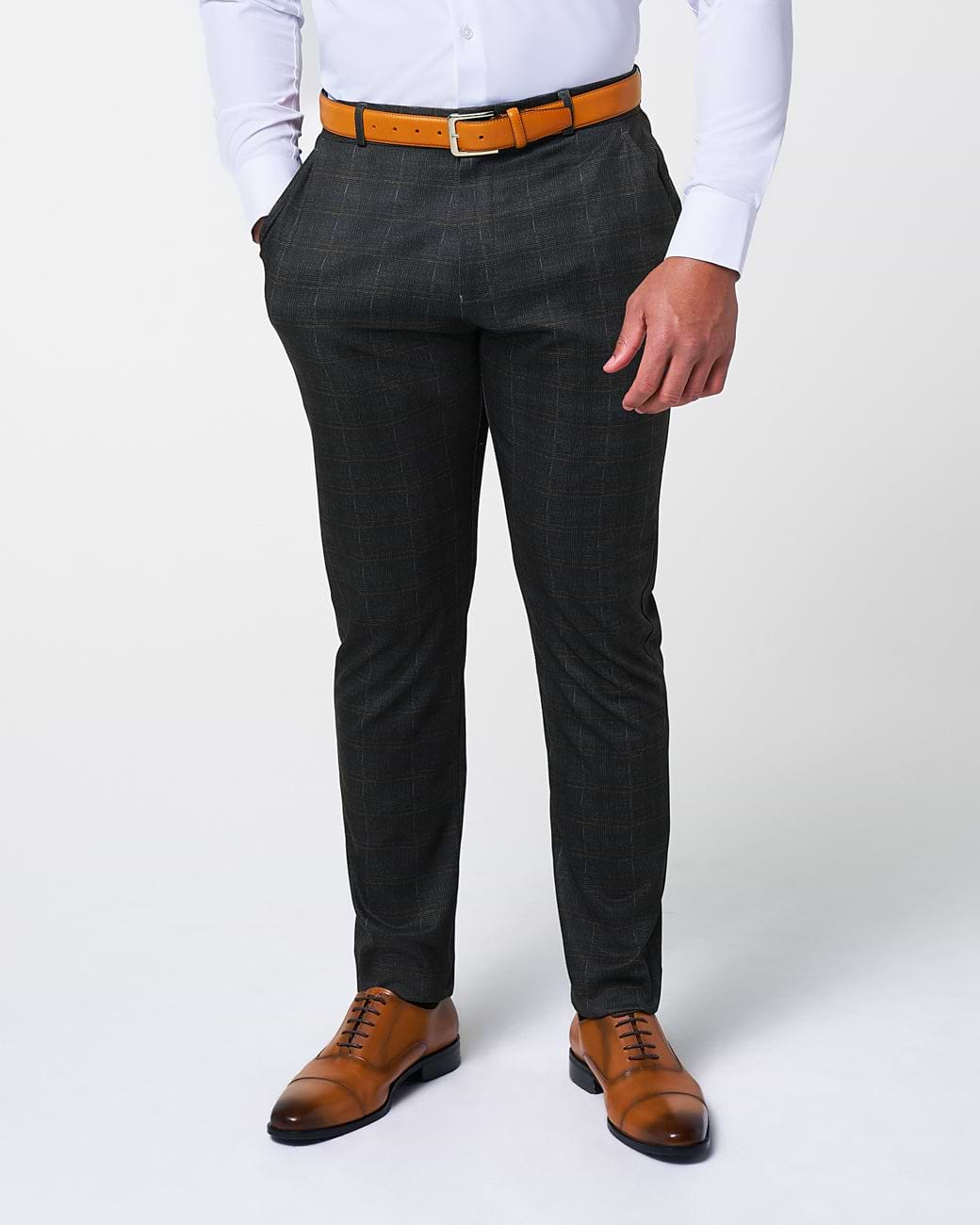 Athletic Fit Stretch Suit Pants - Brown Plaid