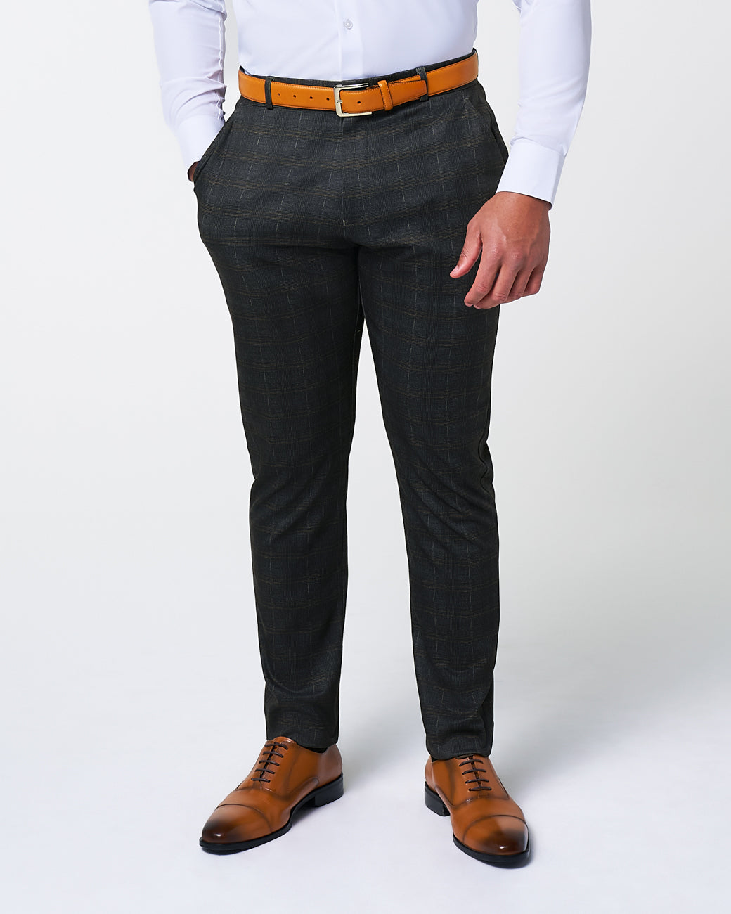 Athletic Fit Stretch Suit Pants - Brown Plaid