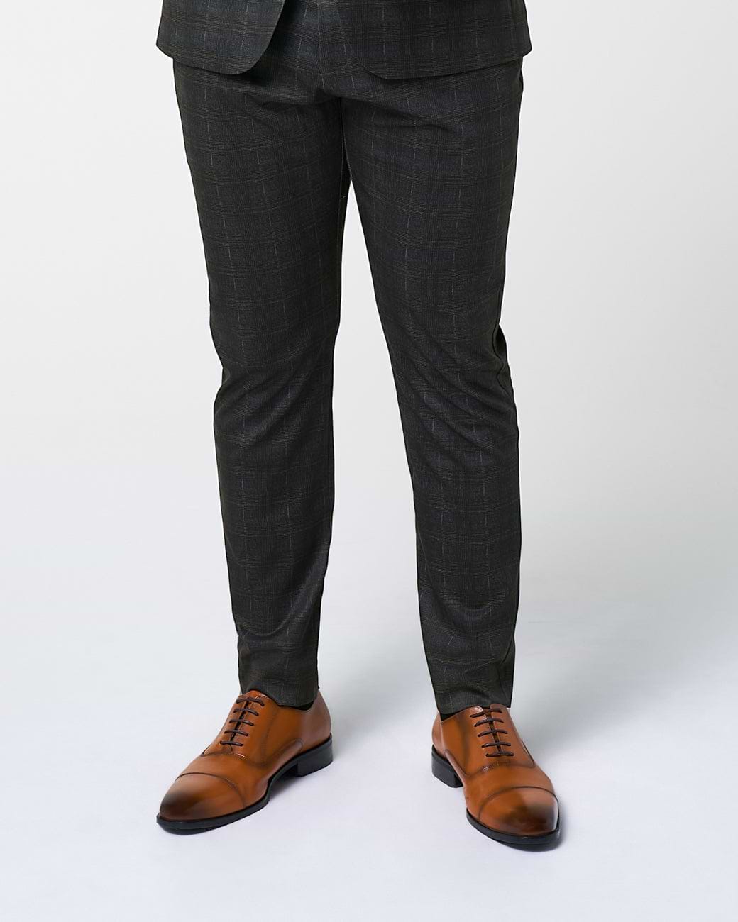 Athletic Fit Stretch Suit Pants - Brown Plaid