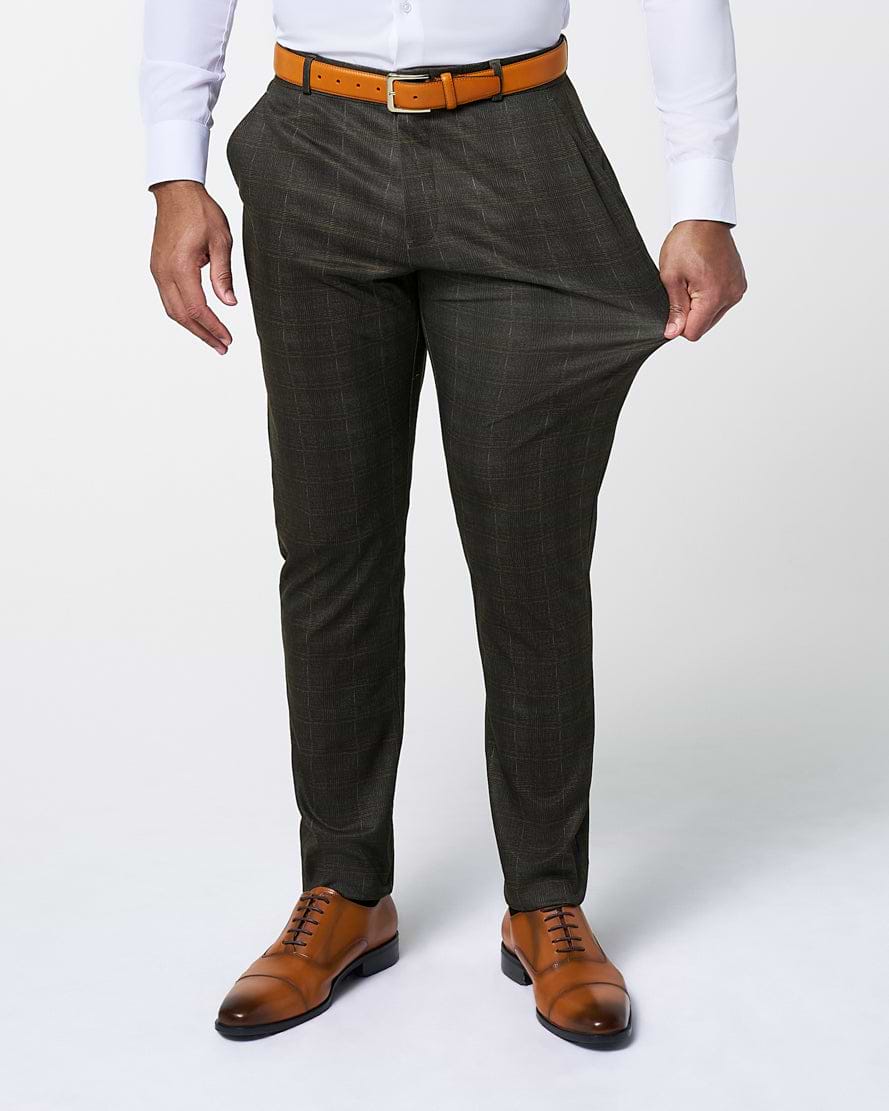 Athletic Fit Stretch Suit Pants - Brown Plaid