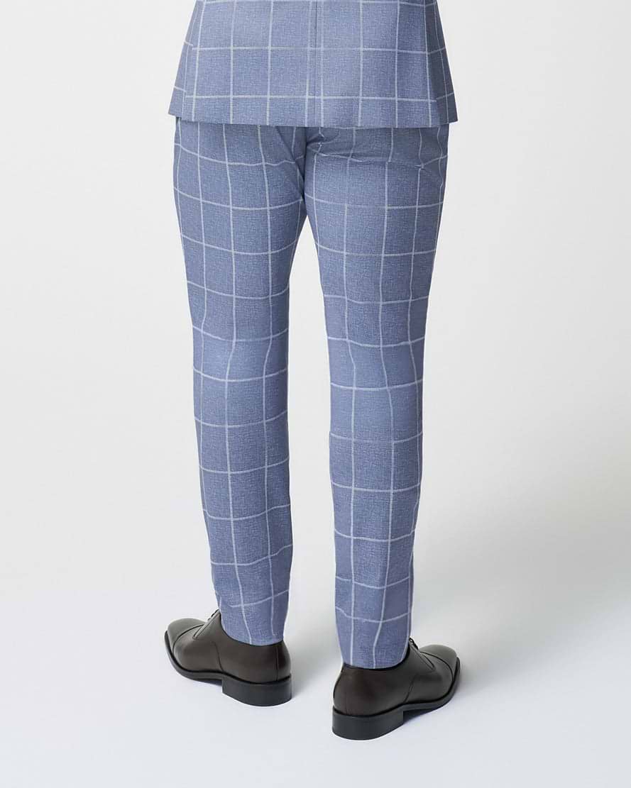 Athletic Fit Stretch Suit Pants - Textured Light Blue with White Windowpane