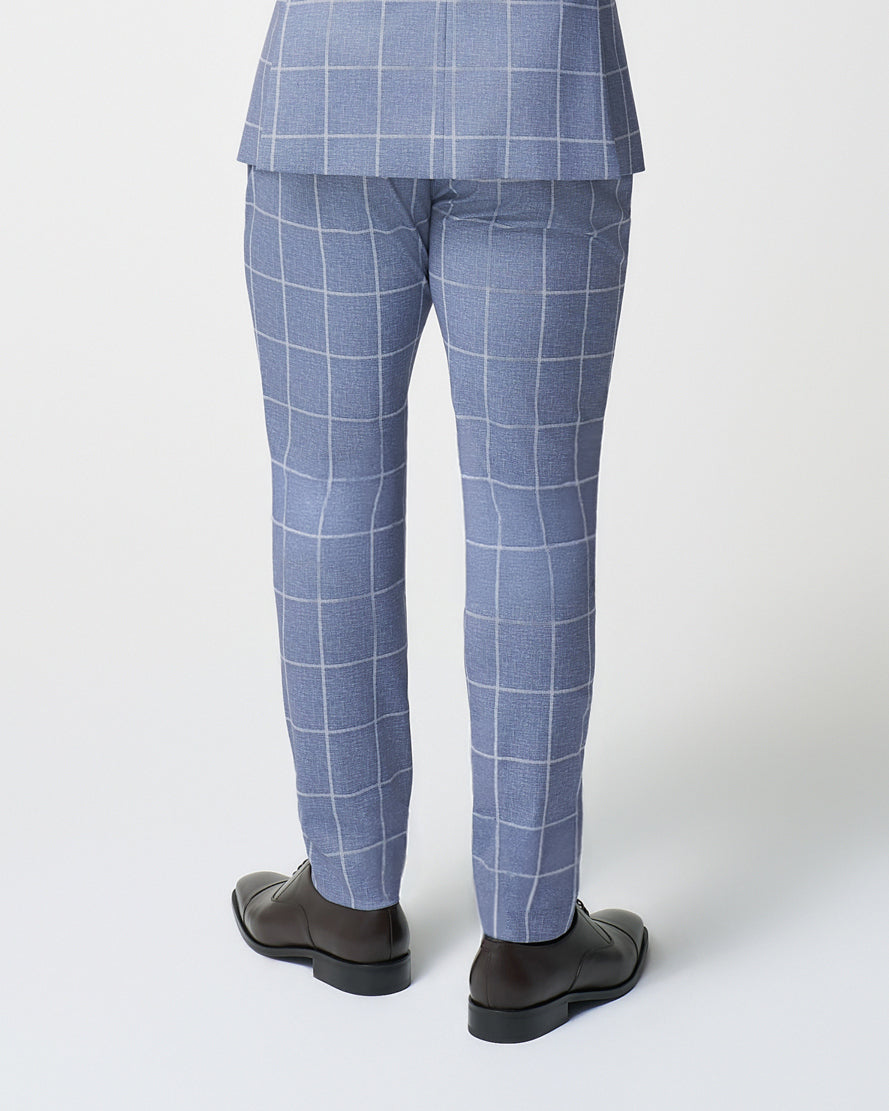 Athletic Fit Stretch Suit Pants - Textured Light Blue with White Windowpane