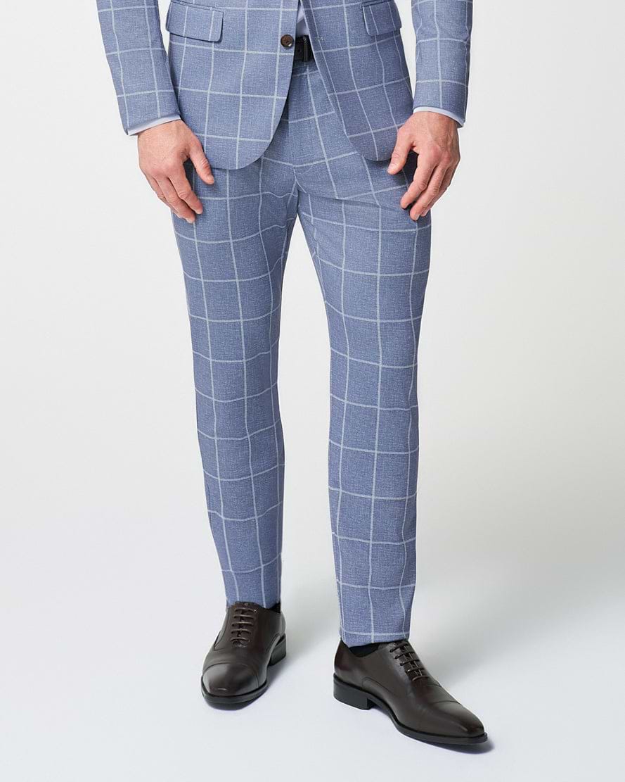 Athletic Fit Stretch Suit Pants - Textured Light Blue with White Windowpane
