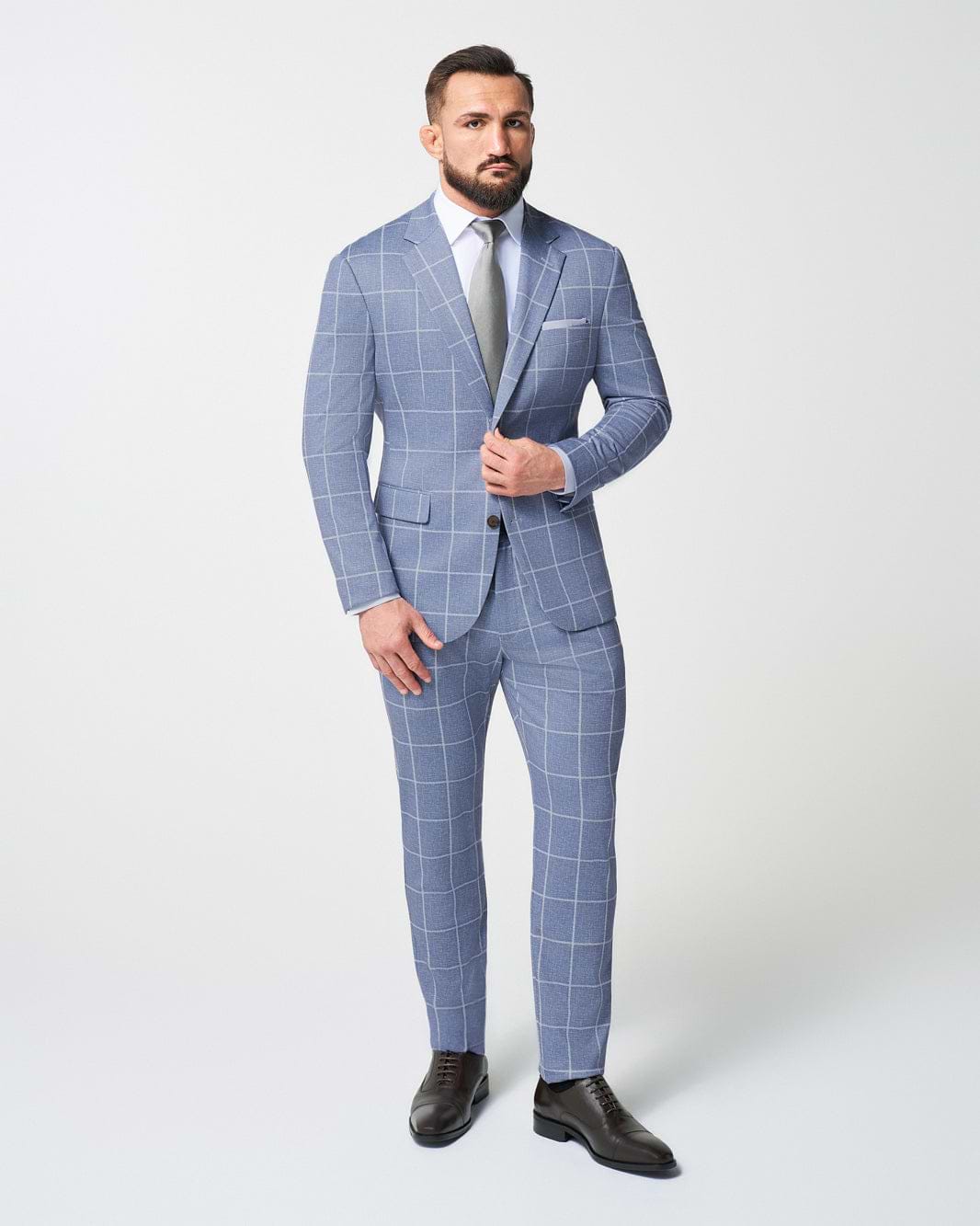 Athletic Fit Stretch Suit Pants - Textured Light Blue with White Windowpane
