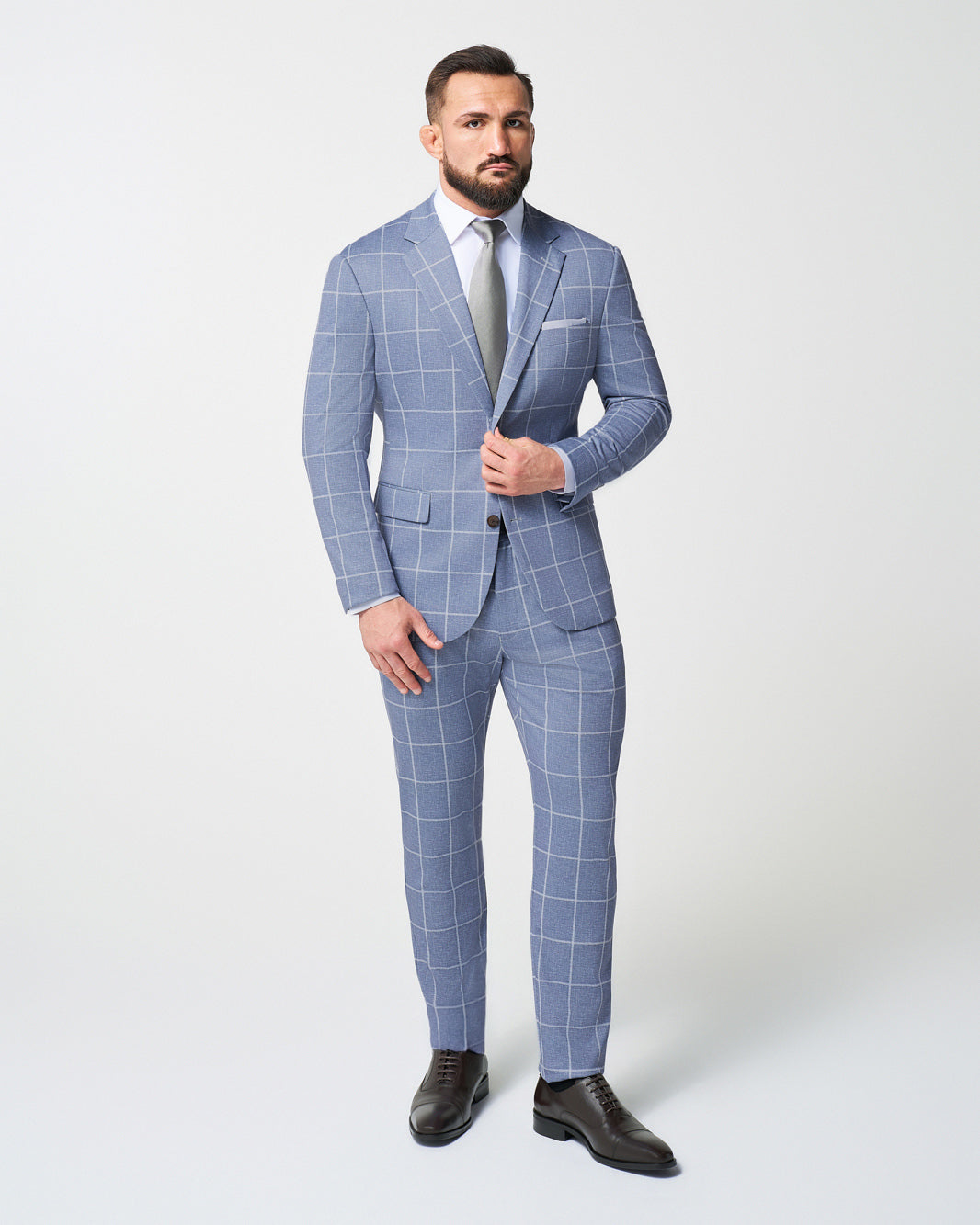 Athletic Fit Stretch Suit Pants - Textured Light Blue with White Windowpane