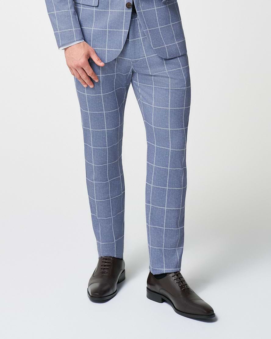 Athletic Fit Stretch Suit Pants - Textured Light Blue with White Windowpane