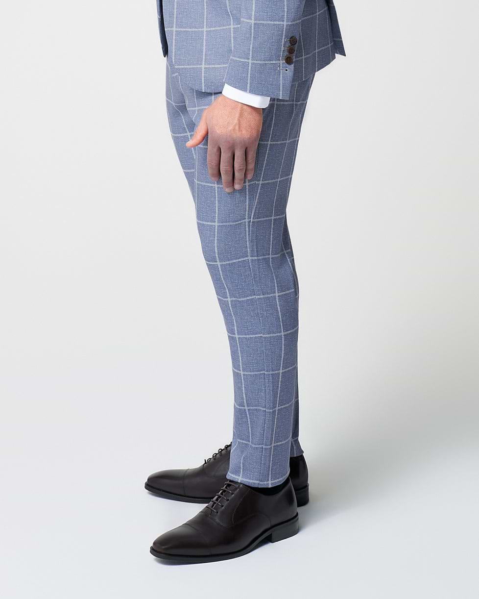 Athletic Fit Stretch Suit Pants - Textured Light Blue with White Windowpane