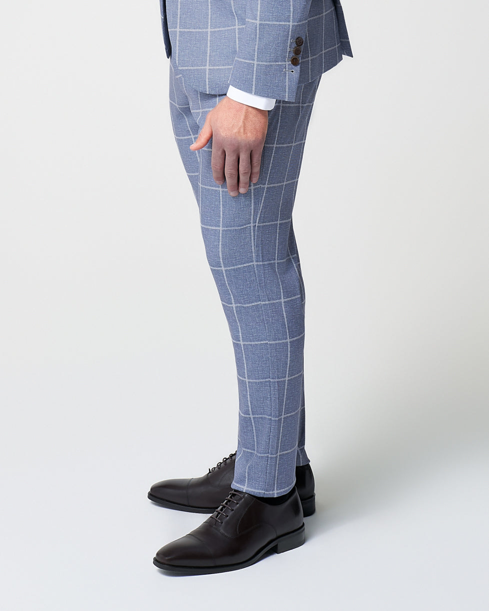 Athletic Fit Stretch Suit Pants - Textured Light Blue with White Windowpane