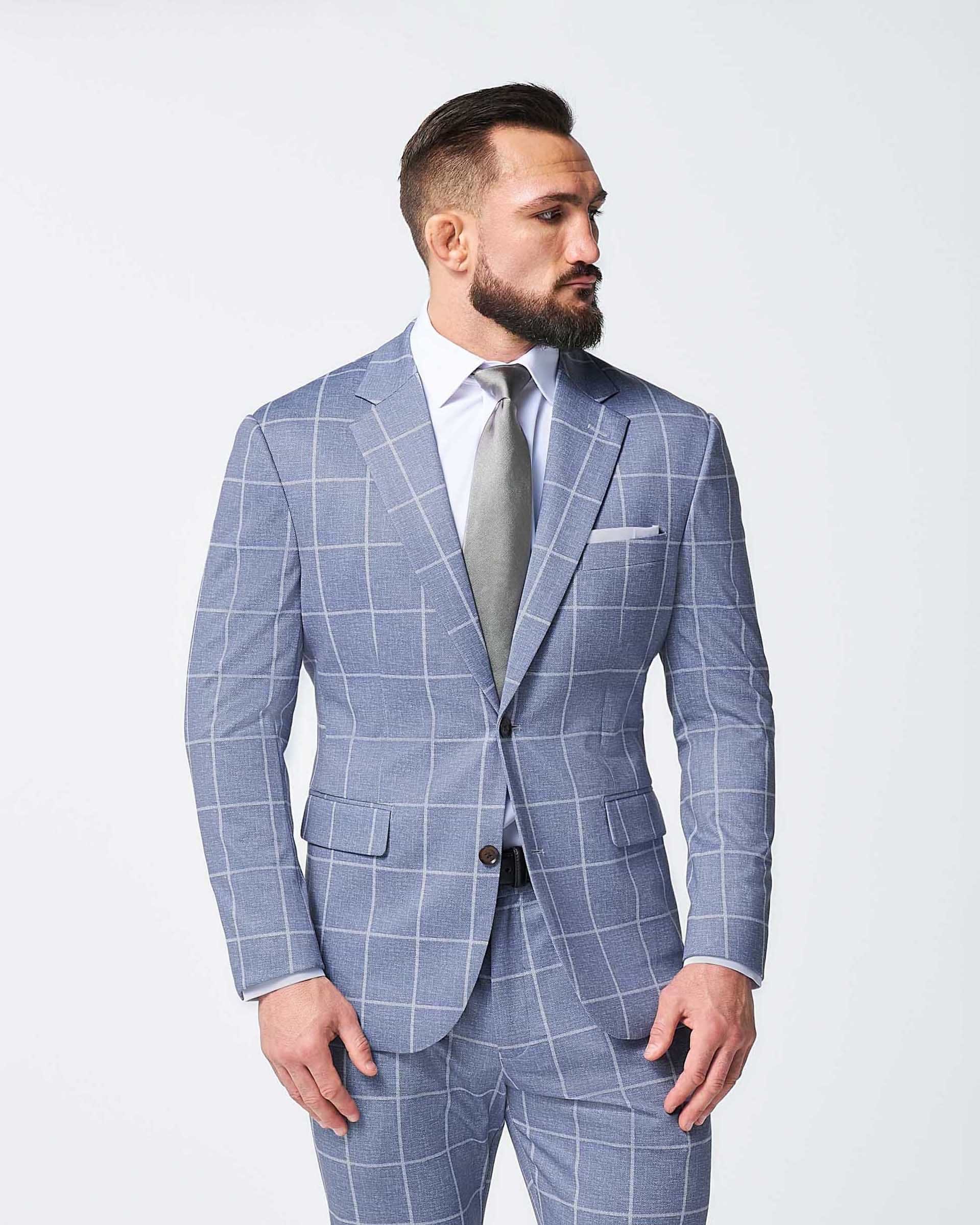 Athletic Fit Stretch Suit - Textured Light Blue with White Windowpane