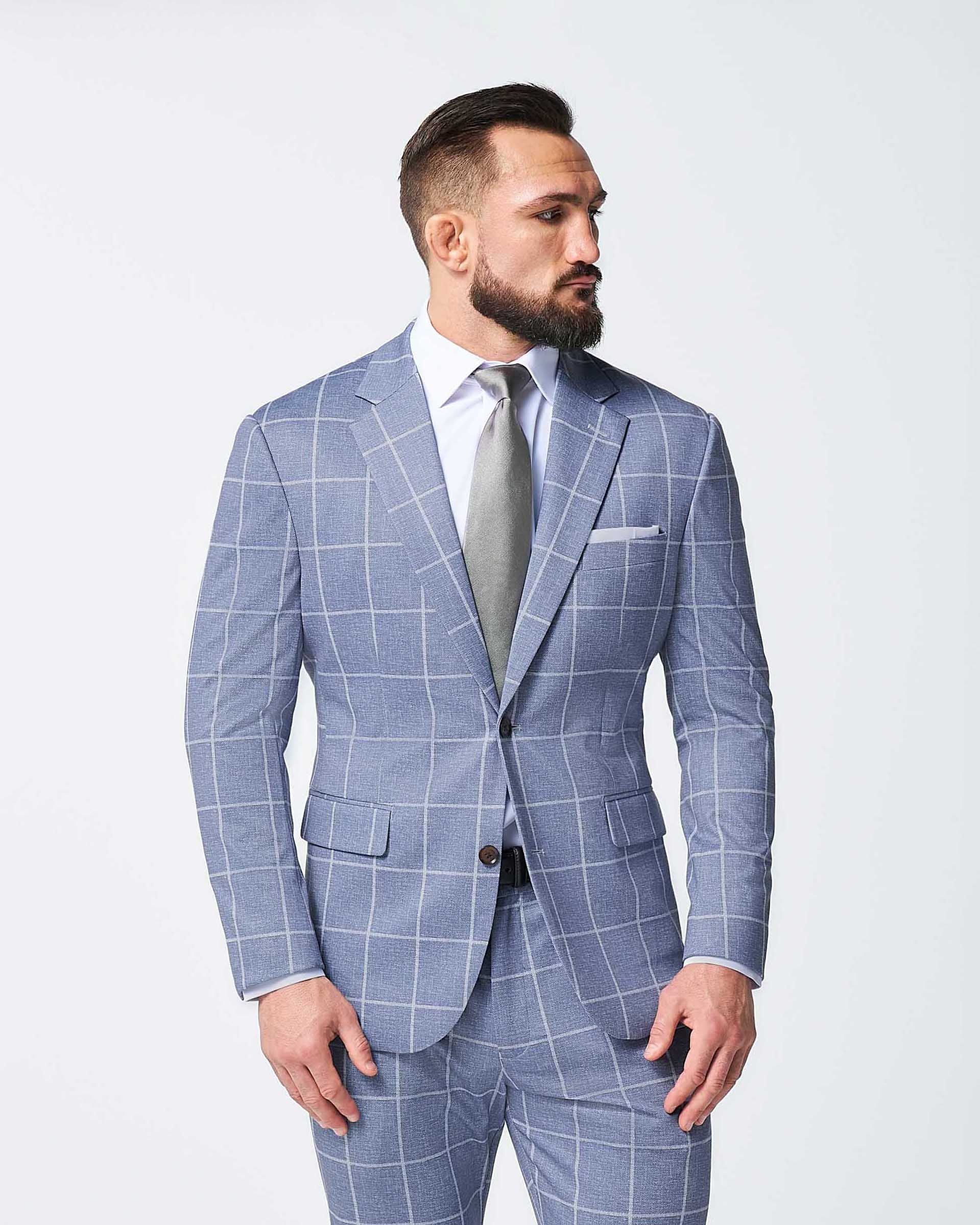 Athletic Fit Stretch Suit - Textured Light Blue with White Windowpane
