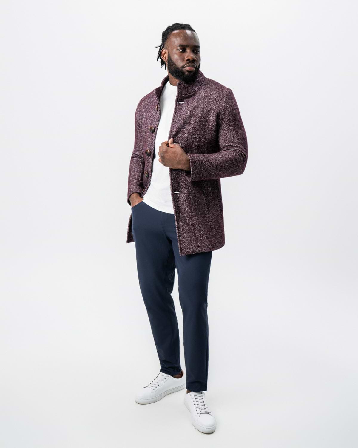 Maroon Herringbone Open Button Overcoat