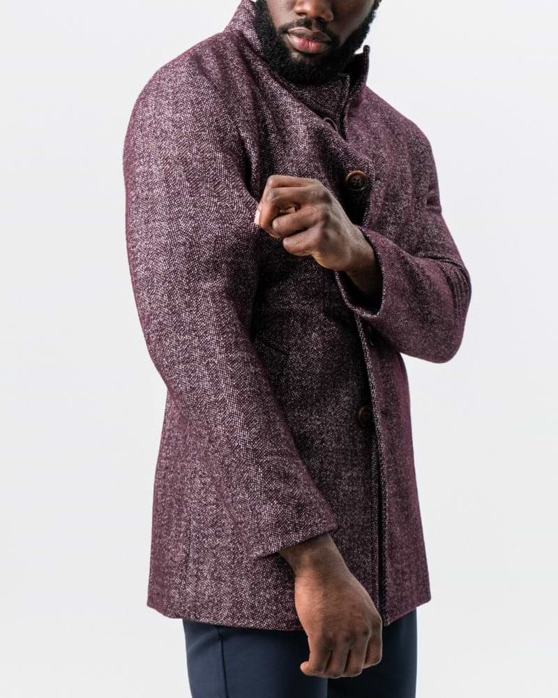 Maroon Herringbone Open Button Overcoat