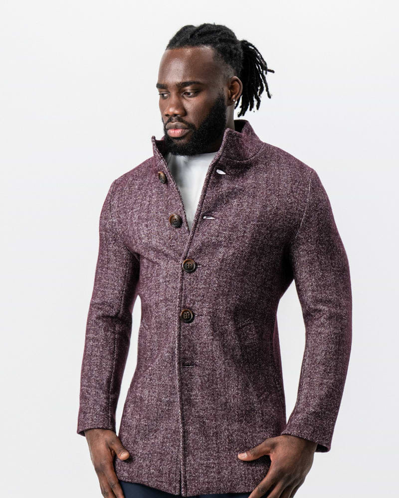 Maroon Herringbone Open Button Overcoat