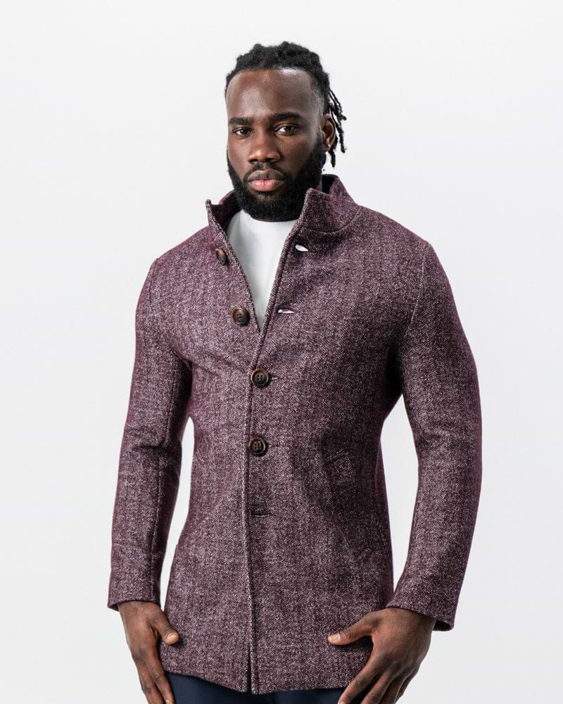 Maroon Herringbone Open Button Overcoat