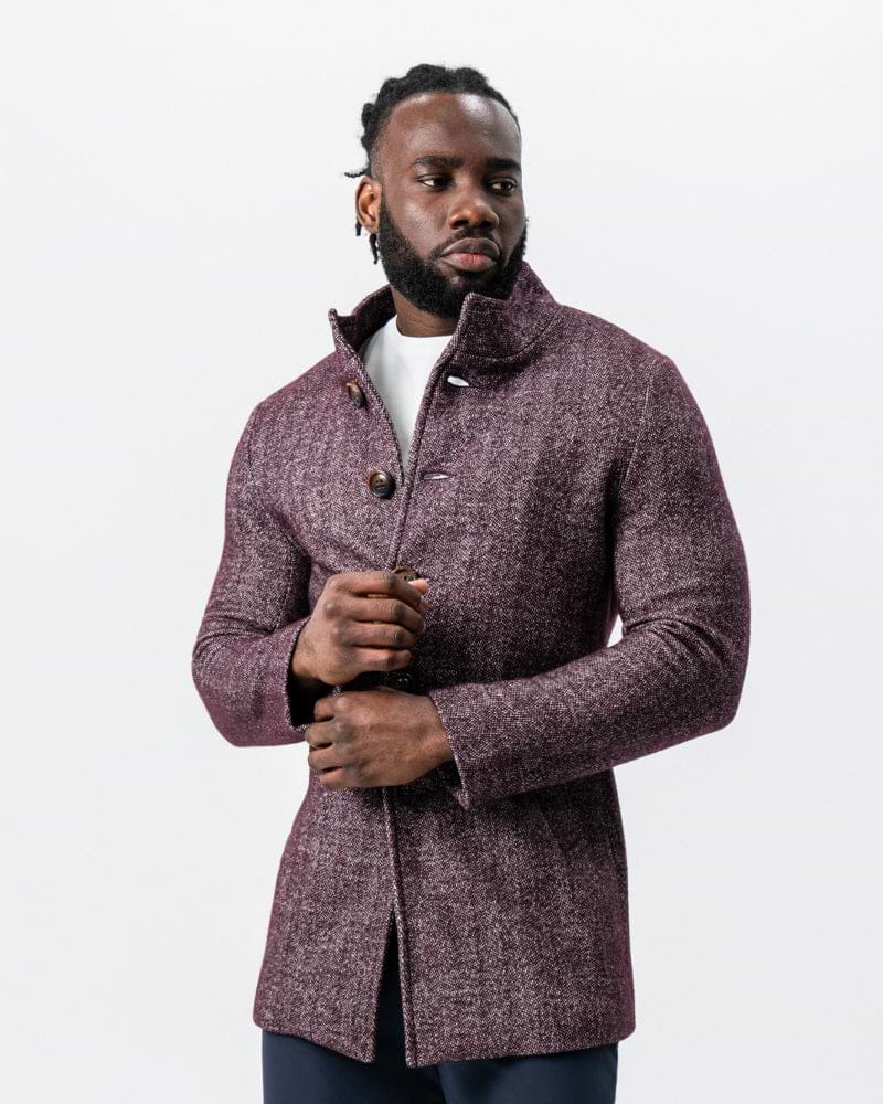 Maroon Herringbone Open Button Overcoat