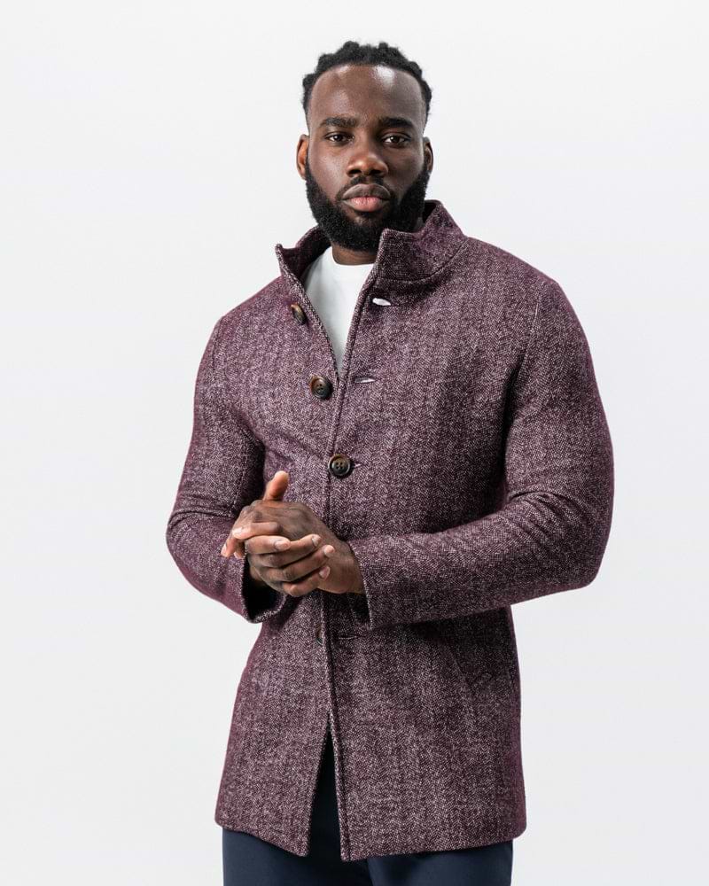 Maroon Herringbone Open Button Overcoat