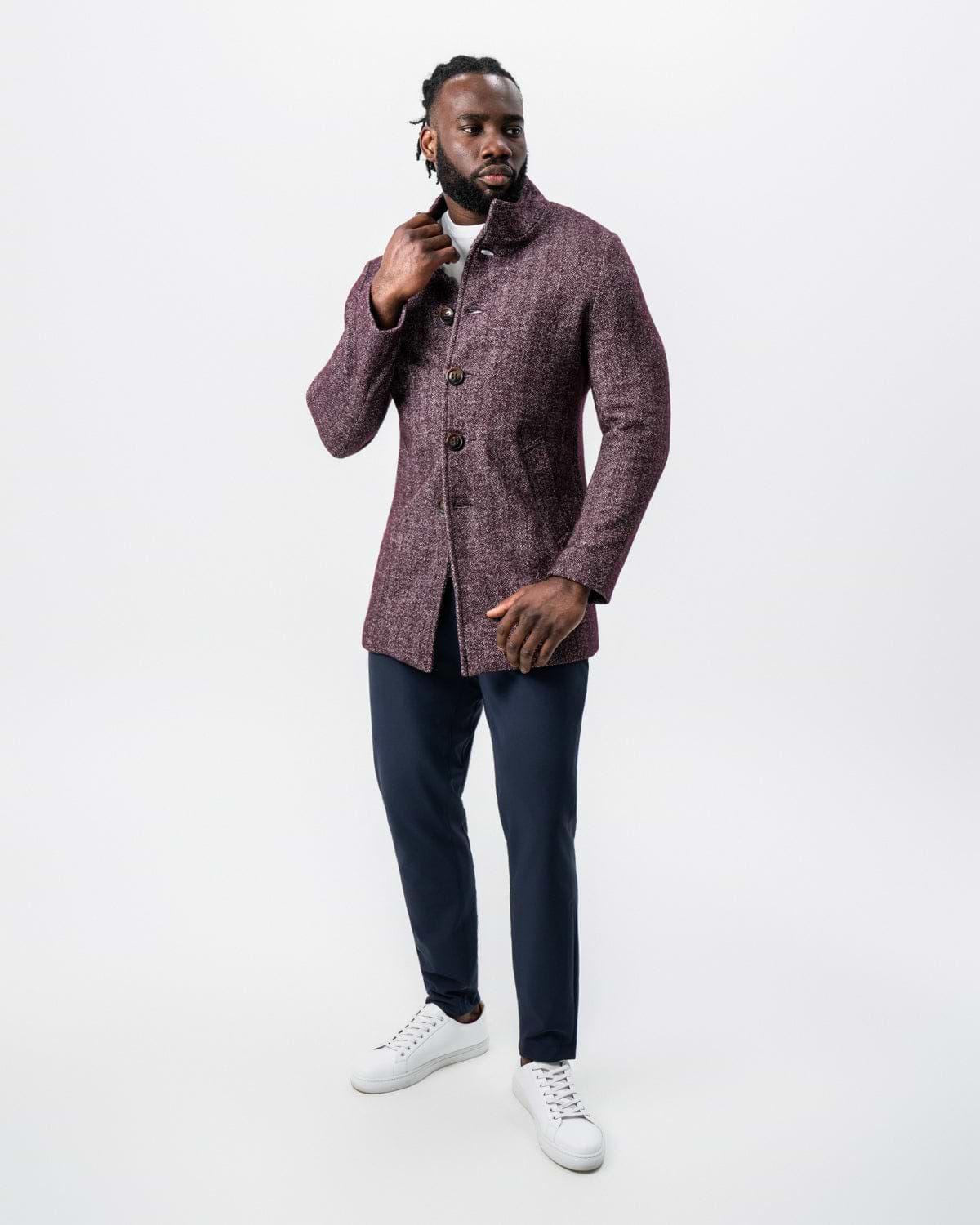 Maroon Herringbone Open Button Overcoat